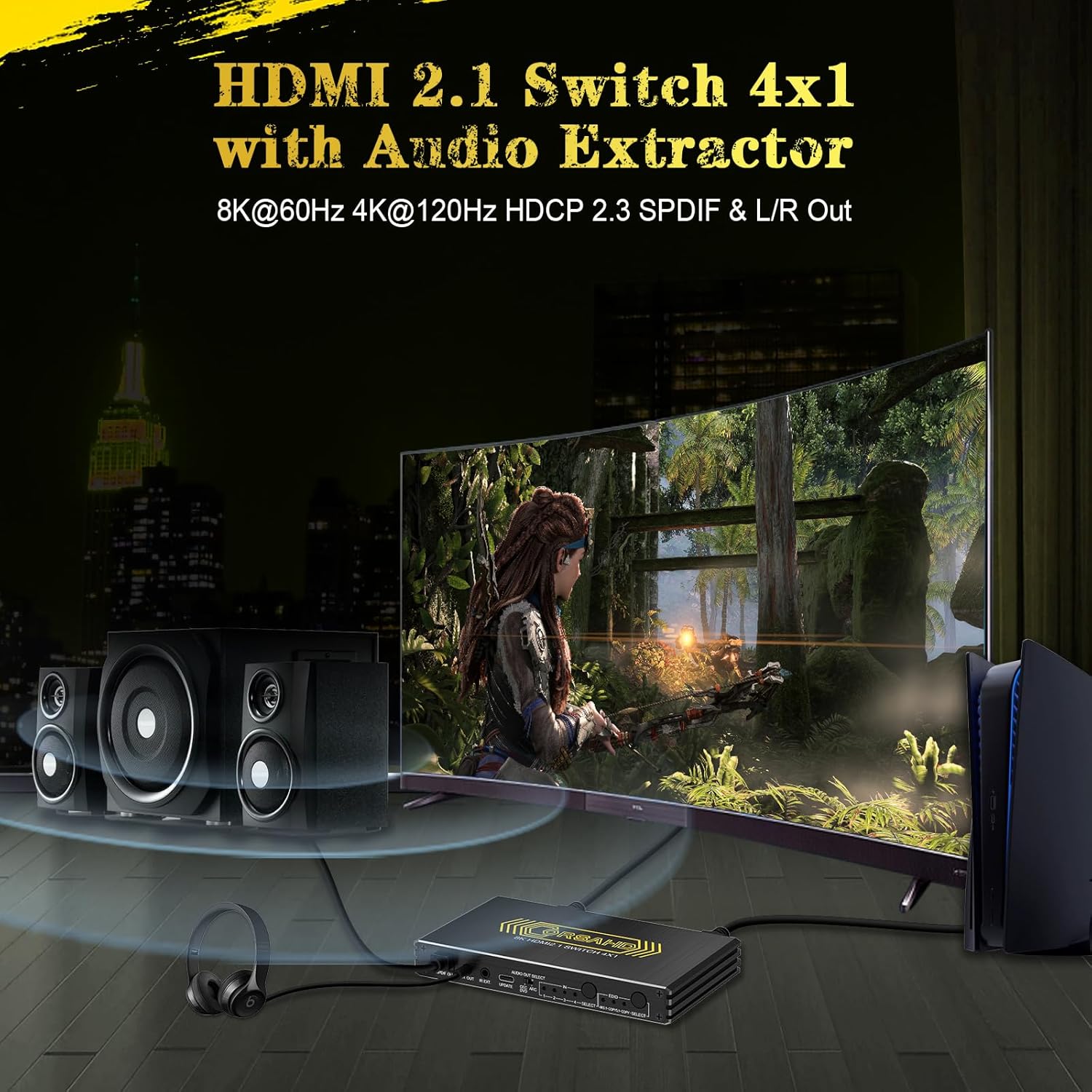 4K@120Hz HDMI 2.1 Switch 4 in 1 Out with Audio Extractor,48Gbps,HDCP 2.3,HDR 10+,ARC,VRR,ALLM,CEC,IR Remote,Optical SPDIF 5.1Ch,AUX L/R 3.5mm 2.1Ch,HDMI Switcher 4x1,4 Port HDMI Selector - Image 8