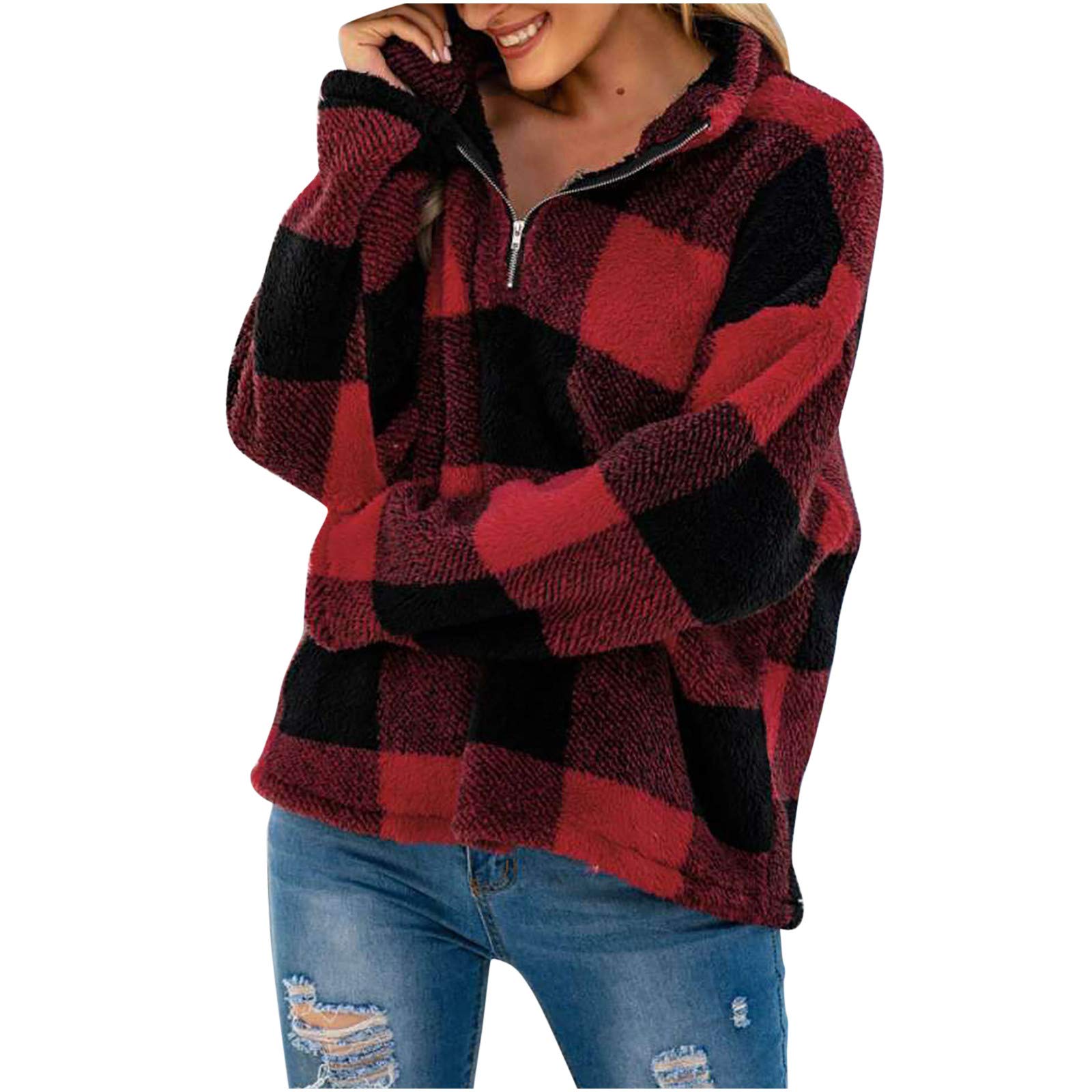 Fashion Plaid Plush Coat Women Warm Turtle Neck Zipper Casual Outerwear Top
