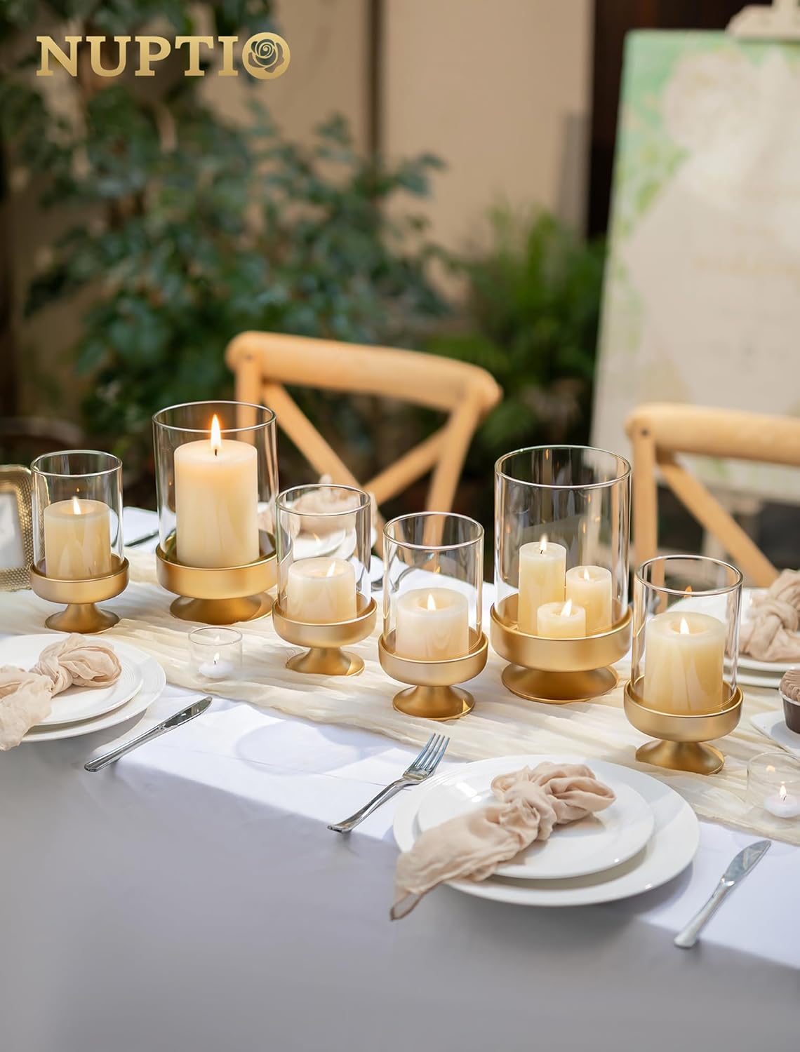 NUPTIO Candle Holders for Pillar Candles: Gold Large Holders with Hurricane Glass Sleeve for Outdoor - Brass Stands Set of 3 for Fireplace Table Centerpiece