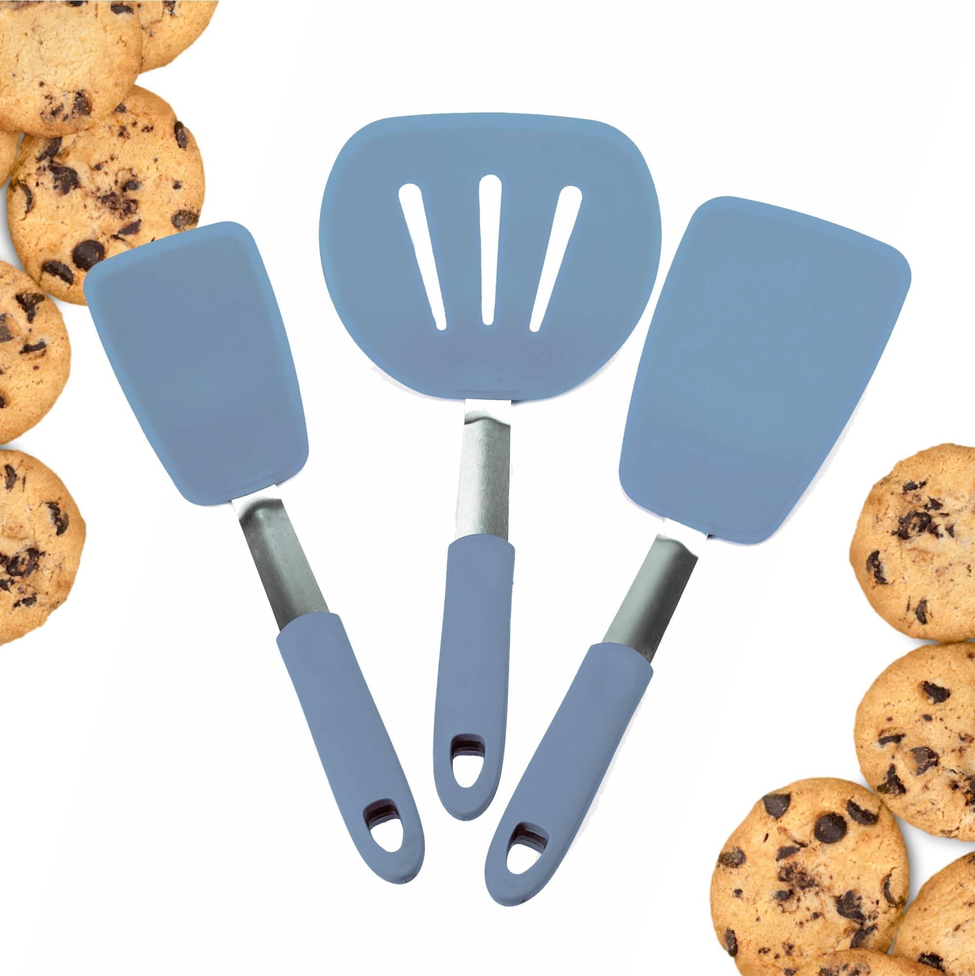 StarPack Premium Flexible Silikon Pfannenwender Set mit 3 Stück – hohe Hitzebeständigkeit bis 315 °C, hygienisches einteiliges Design, Eier, Pfannkuchen und Kekse (Blau)