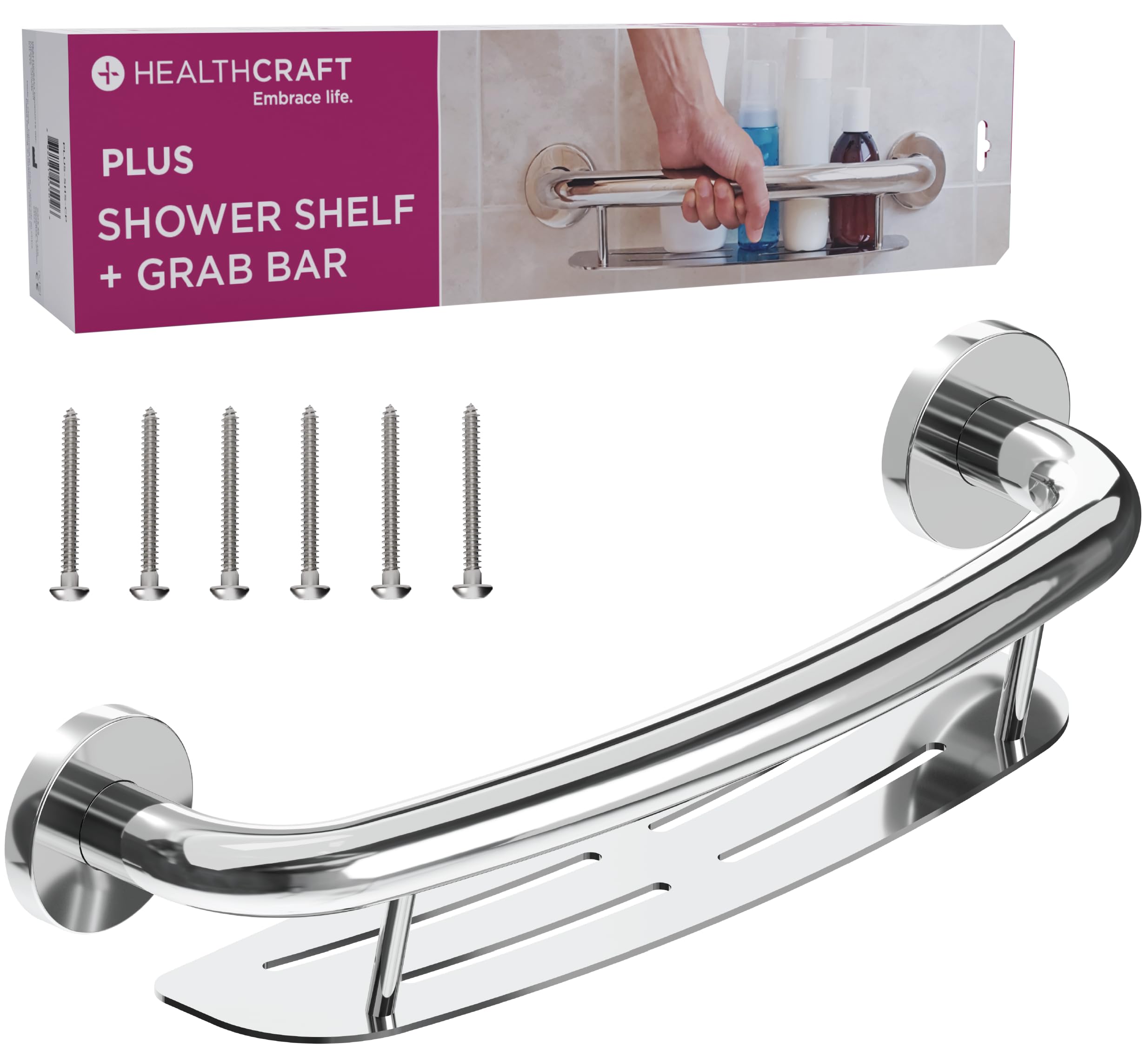 Decorative Grab Bar with Shelf, Plus Shampoo Shelf 19.5 Inch by HEALTHCRAFT, ADA Compliant, Bath and Shower Safety Handle, Wall Mounted Support Bar for Seniors Bathroom in Polished Chrome