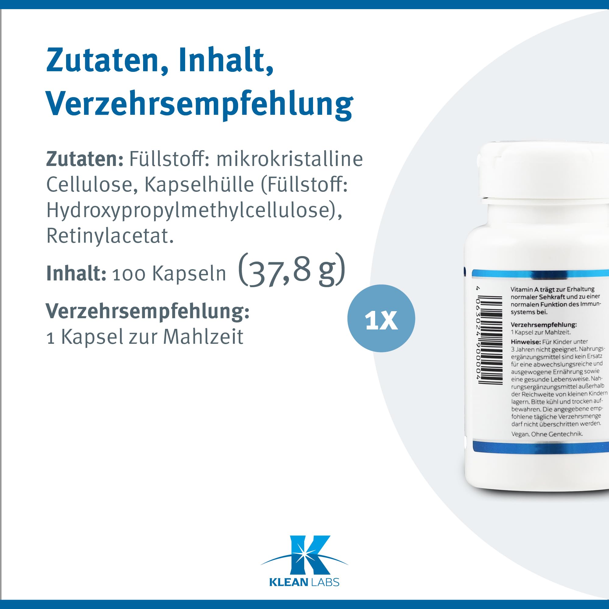 Vitamin A 4000 i.E. - 100 Kapseln - vegan, ohne Gentechnik, glutenfrei, ohne unerwünschte Zusätze - zur Erhaltung normaler Sehkraft & Schleimhäute