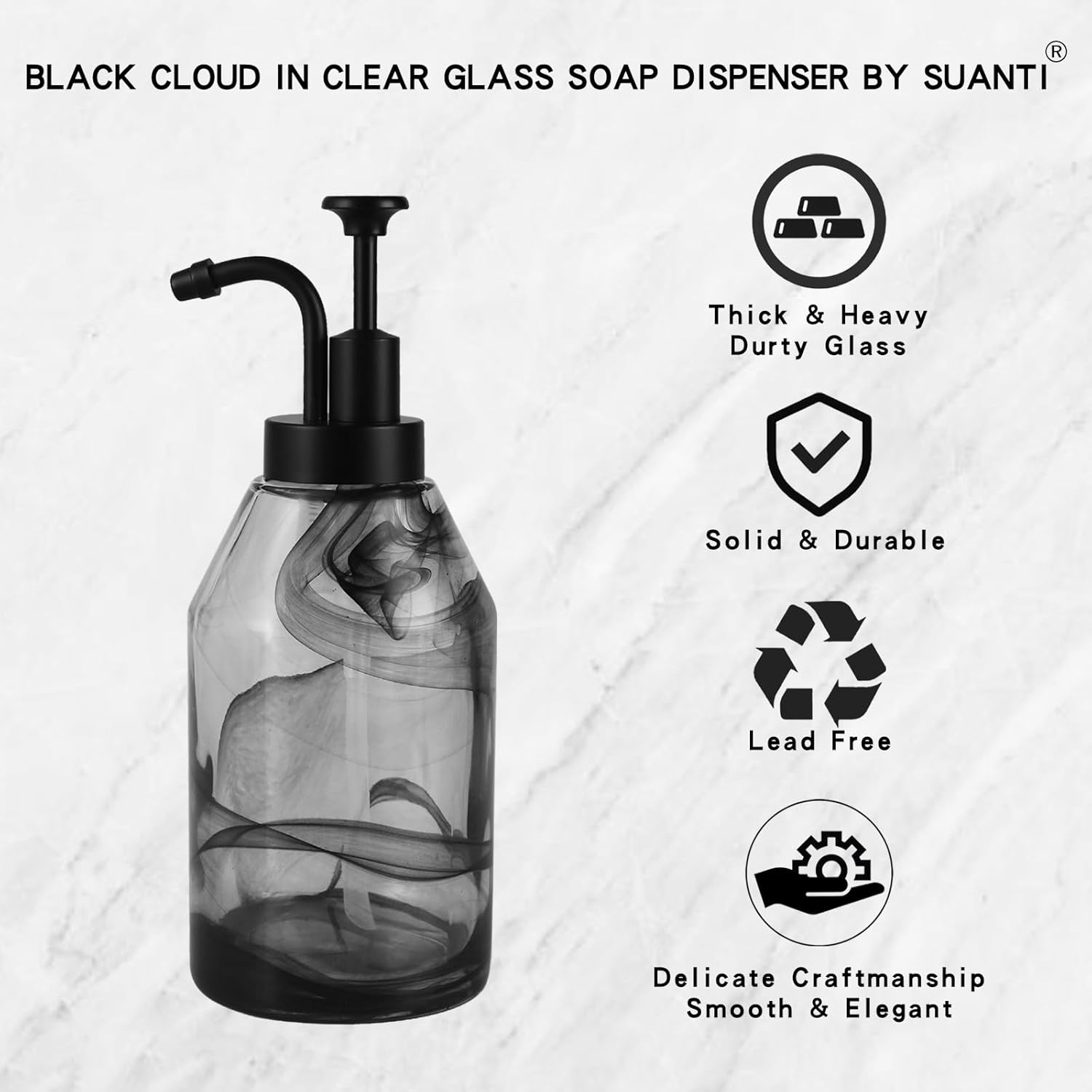 Glass Soap Dispenser for Kitchen and Bathroom Counter, 12.5 Oz Unique 3D Black Smog Thick Glass Hand Soap Bottle with Smooth Action Rust-Free ABS Pump, Dish Soap,Lotion Liquid (Black) - Image 3