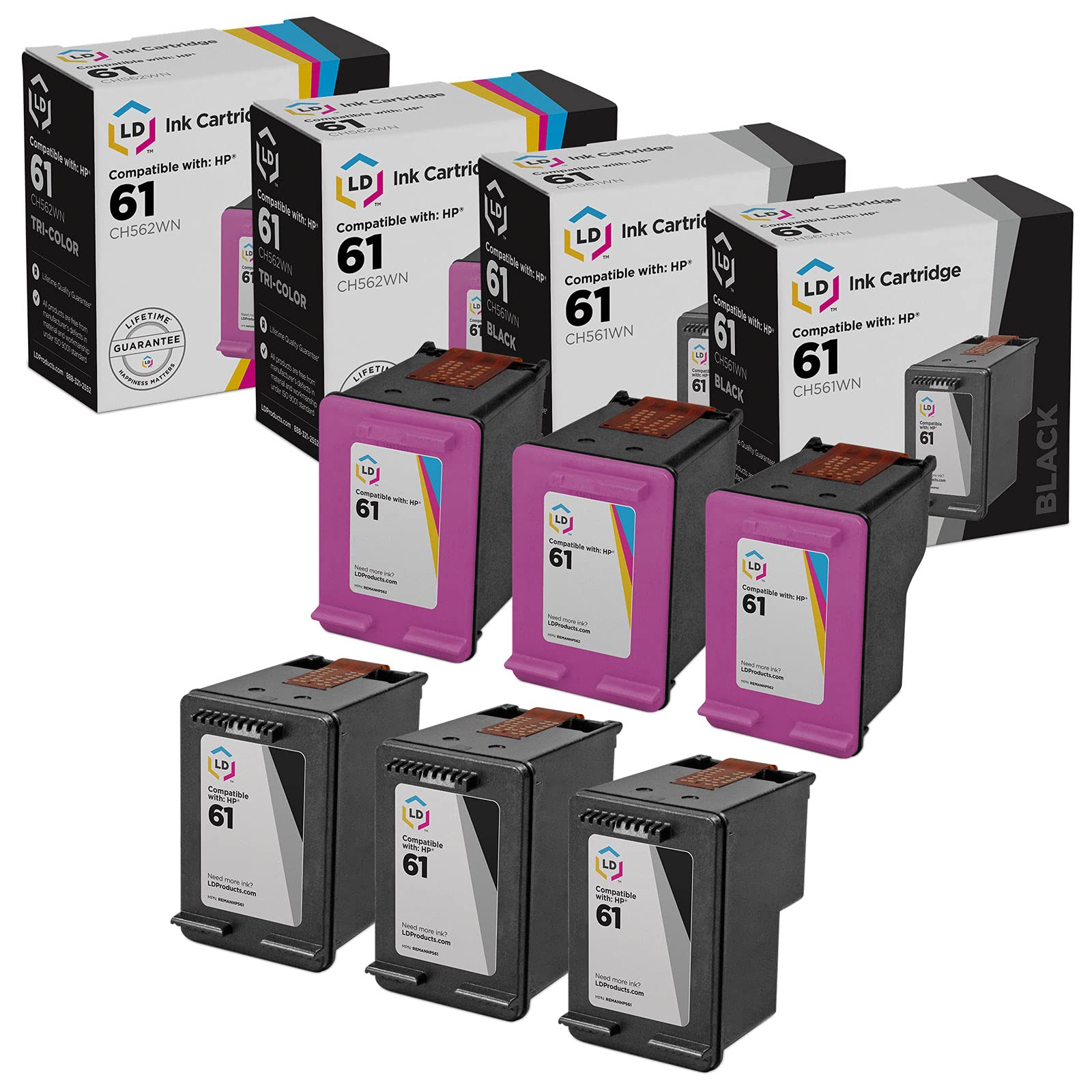 - LD Remanufactured Replacement for HP 61 / 61XL Set of 6 High Yield Ink Cartridges: 3 CH561WN / CH563WN Black & 3 CH562WN / CH564WN Tri-Color for use in DeskJet, Envy & OfficeJet Series Printers
