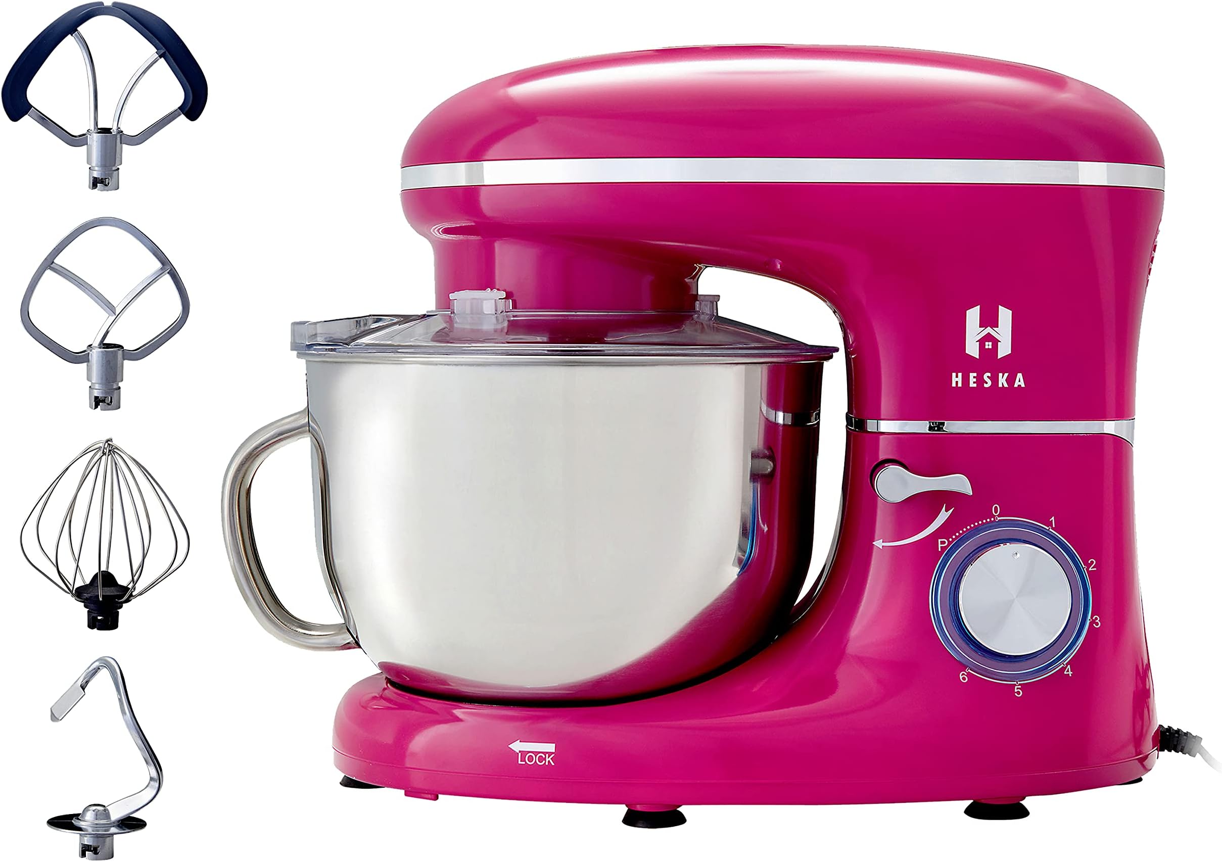 Heska -1500W Food Stand Mixer - 4-in-1 Beater/Whisk/Dough Hook/Flex Edge Beater - 5.5 Litre Mixing Bowl with Splash Guard (Pink)
