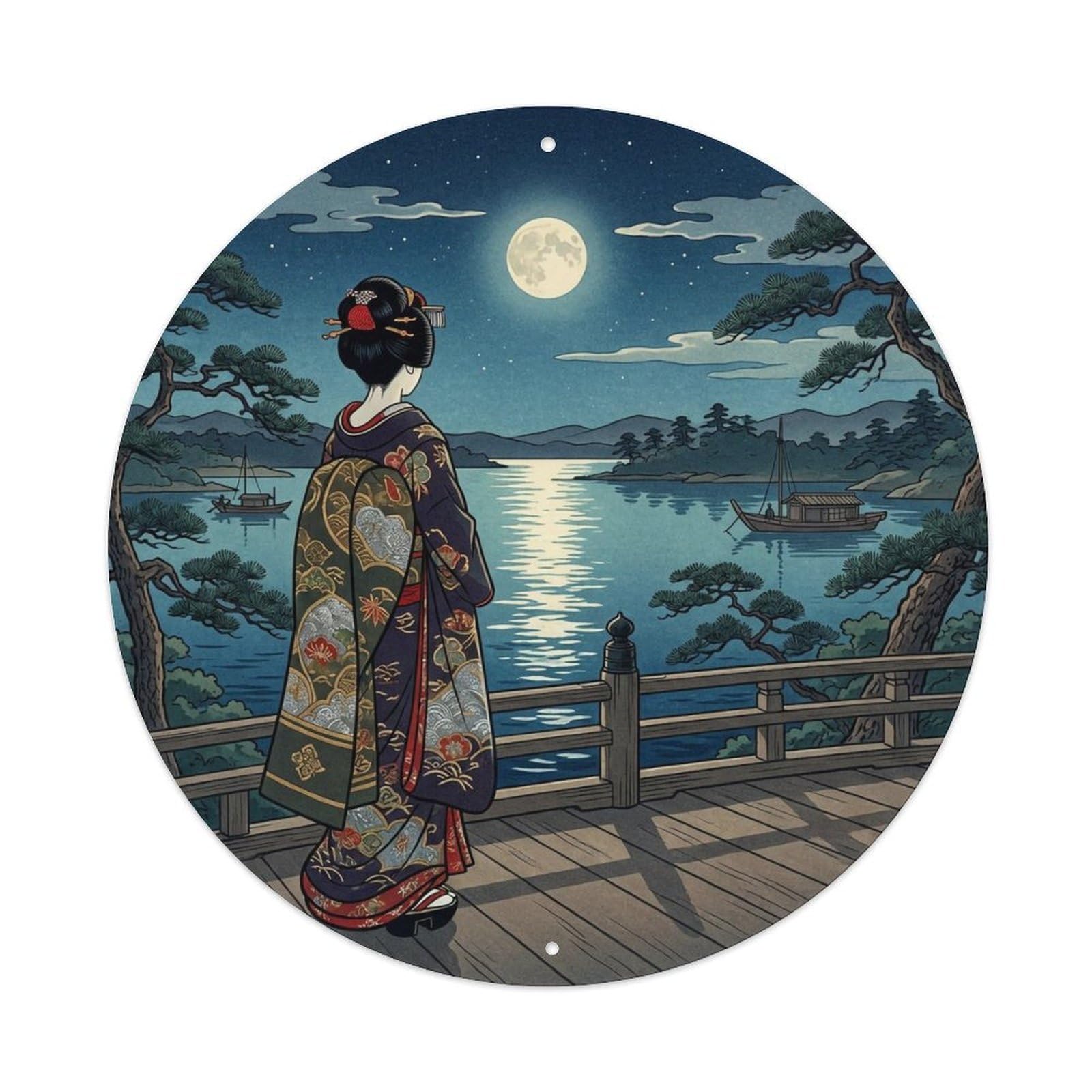 Yrnq 8X8inch Vintage Style Japanese Moon Reflection Lake Geisha Scene Metal Tin Sign