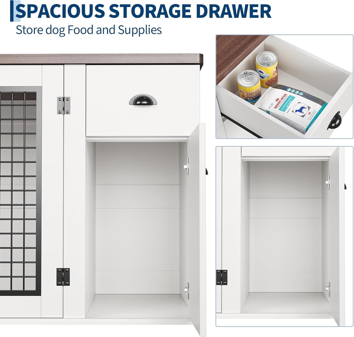 Image showing the spacious storage drawer and side cabinet of the dog crate furniture, with pet food and supplies inside.