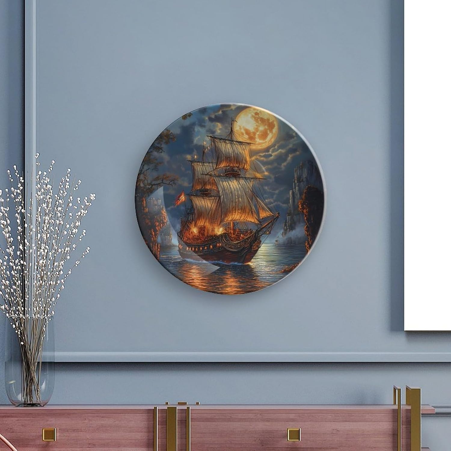 Sailboat Decorative Plate Tray Decor Trinket Dish Bone China Dinner Plates for Home Office Kitchen