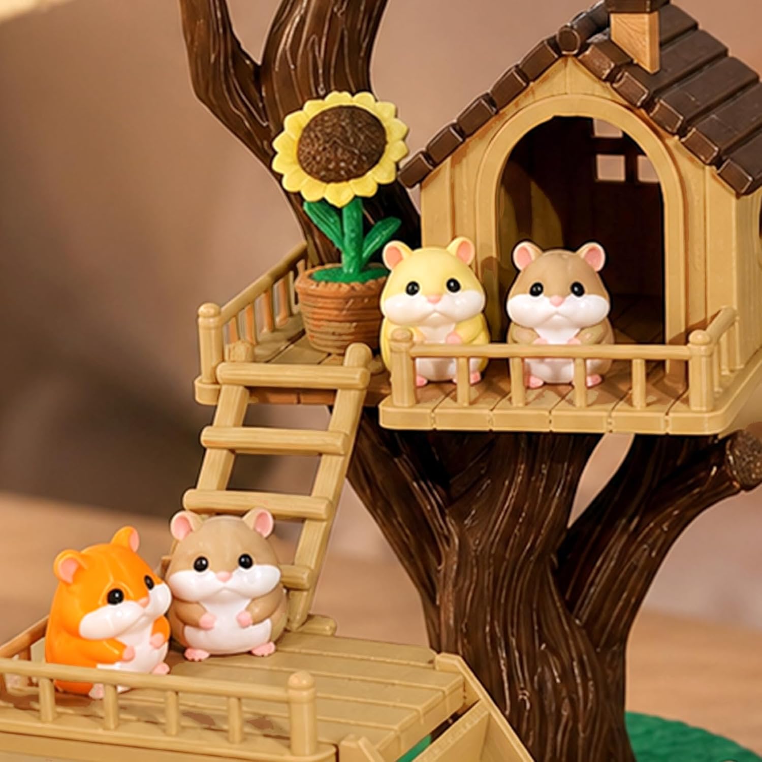 3D Printed Animal Cute Hamster House Scene Set – DIY Assembly Miniature Model House with Cactus, Rose, Sunflower & Tree, Perfect Tabletop Ornament for Desk Decoration, Home Accent, Gift Bag Filler