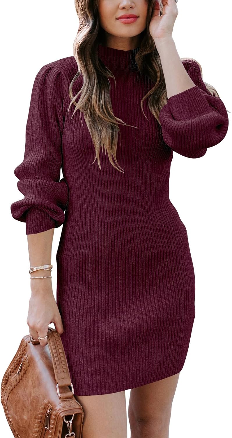 ANRABESS Women Long Sleeve Turtle Mock Neck Rib Knit Stretch Slim Fitted Bodycon Sweater Mini Short Dress 2025 Fall Outfits - Image 2