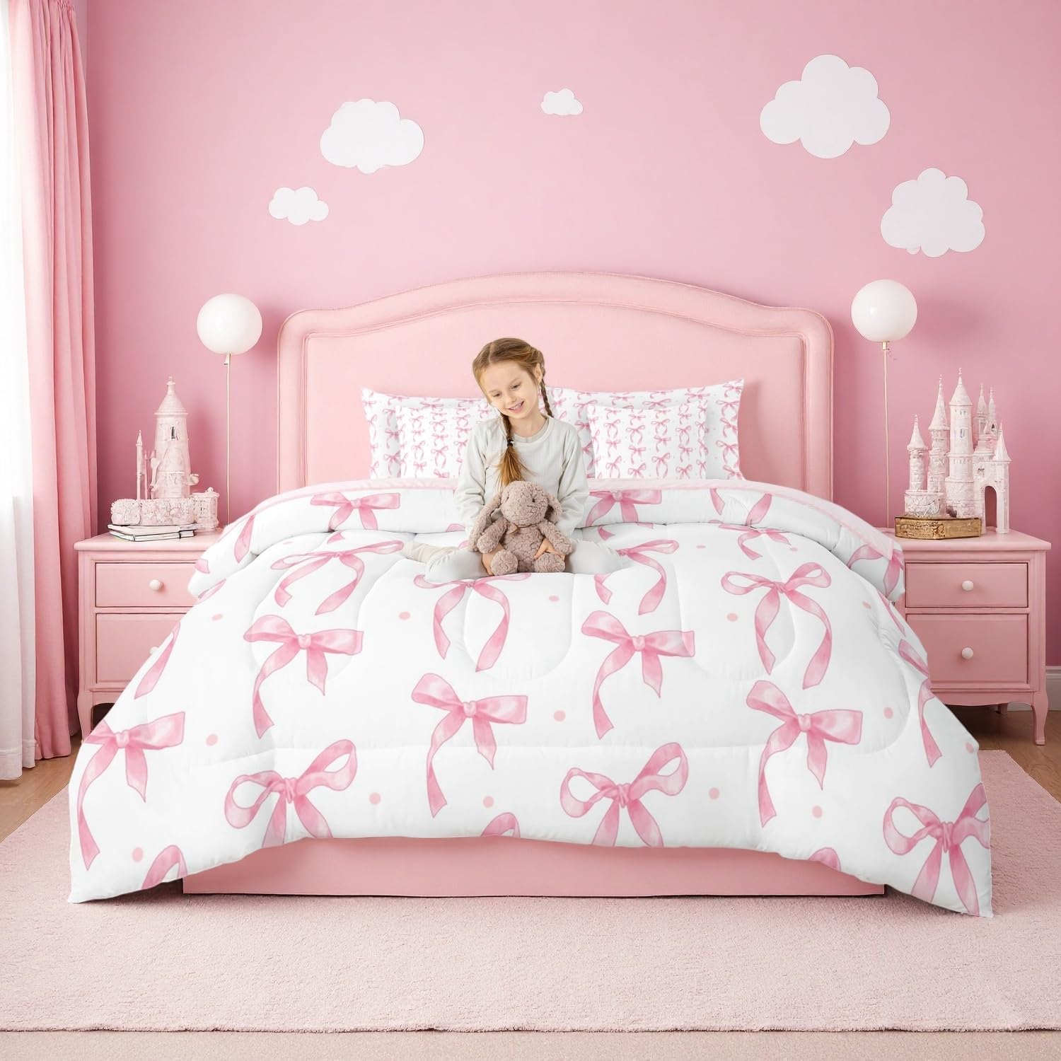 Erosebridal Cute Pink Bow Comforter Set Twin Bed in a Bag,Bowknot Princess Bedding Set for Girls Kids,Ribbon Pink Bow Knot Bed Set 7 Piece with Fitted+Flat Sheet,Pillowcases,Throw Pillow Covers