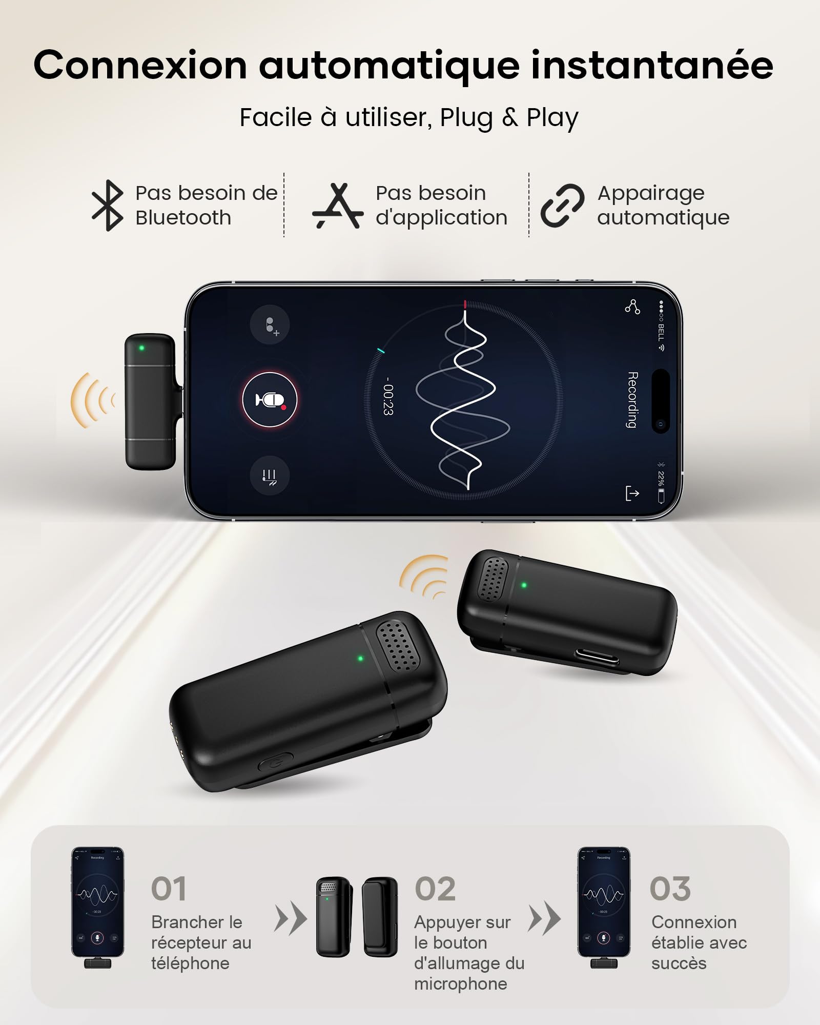 KUKIHO Microphone Lavalier sans Fil avec Chargeur, 36h Autonomie, Réduction de Bruit, Portée 40m, Plug-and-Play pour iPhone, iPad, Android, PC - Youtube, Vlog, Live-Streaming