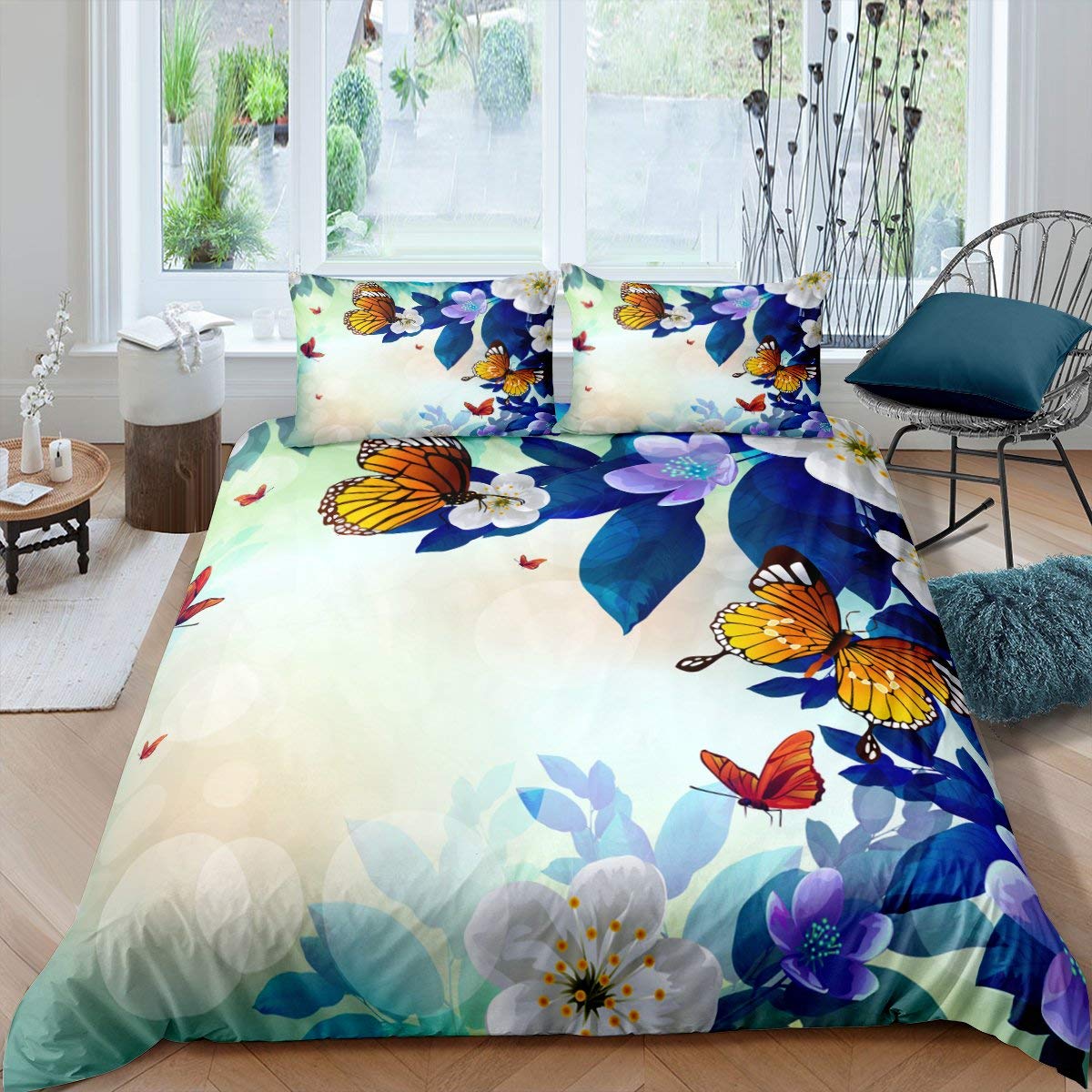Erosebridal Cherry Blossom Comforter Cover Butterfly Bedding Set Blue Purple Flower Duvet Cover Garden Botanical Romantic Warm Style Quilt Cover for Kid Girl, Purple 3 Pcs Queen Size