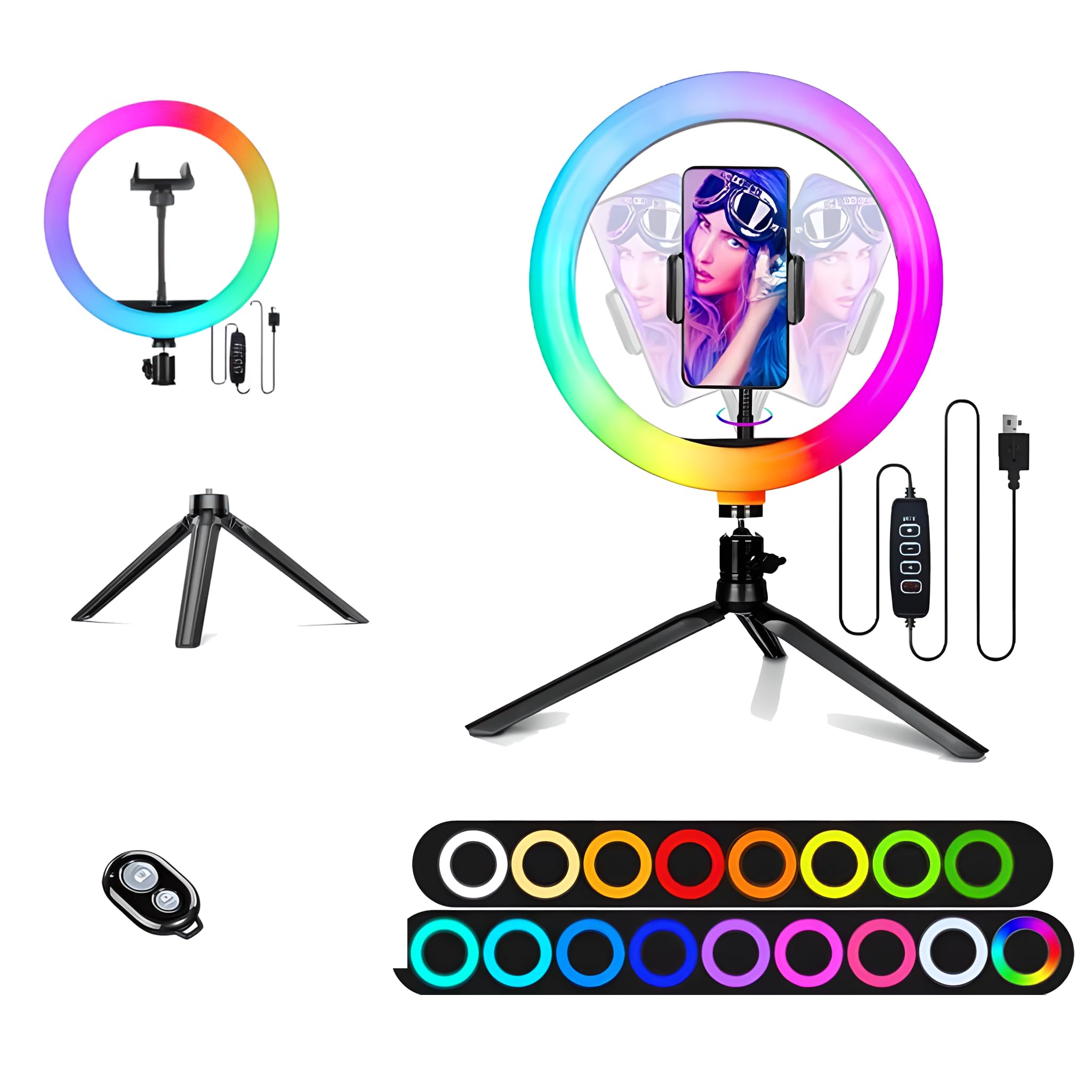 TRIPODTREE 10" Selfie Ring Light with 4" Desktop Tripod Stand & 1 Phone Holder, LED Ringlight with Dimmable Modes(RGB) for Makeup/Photography/Videos/