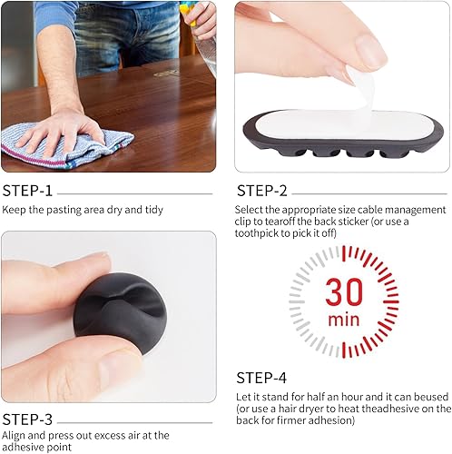 Miniatura 3 de Gestión de cables, 16 soportes para cables y 10 tiras organizadoras de cables. Clips adhesivos para cable de carga, organizadores de cables para