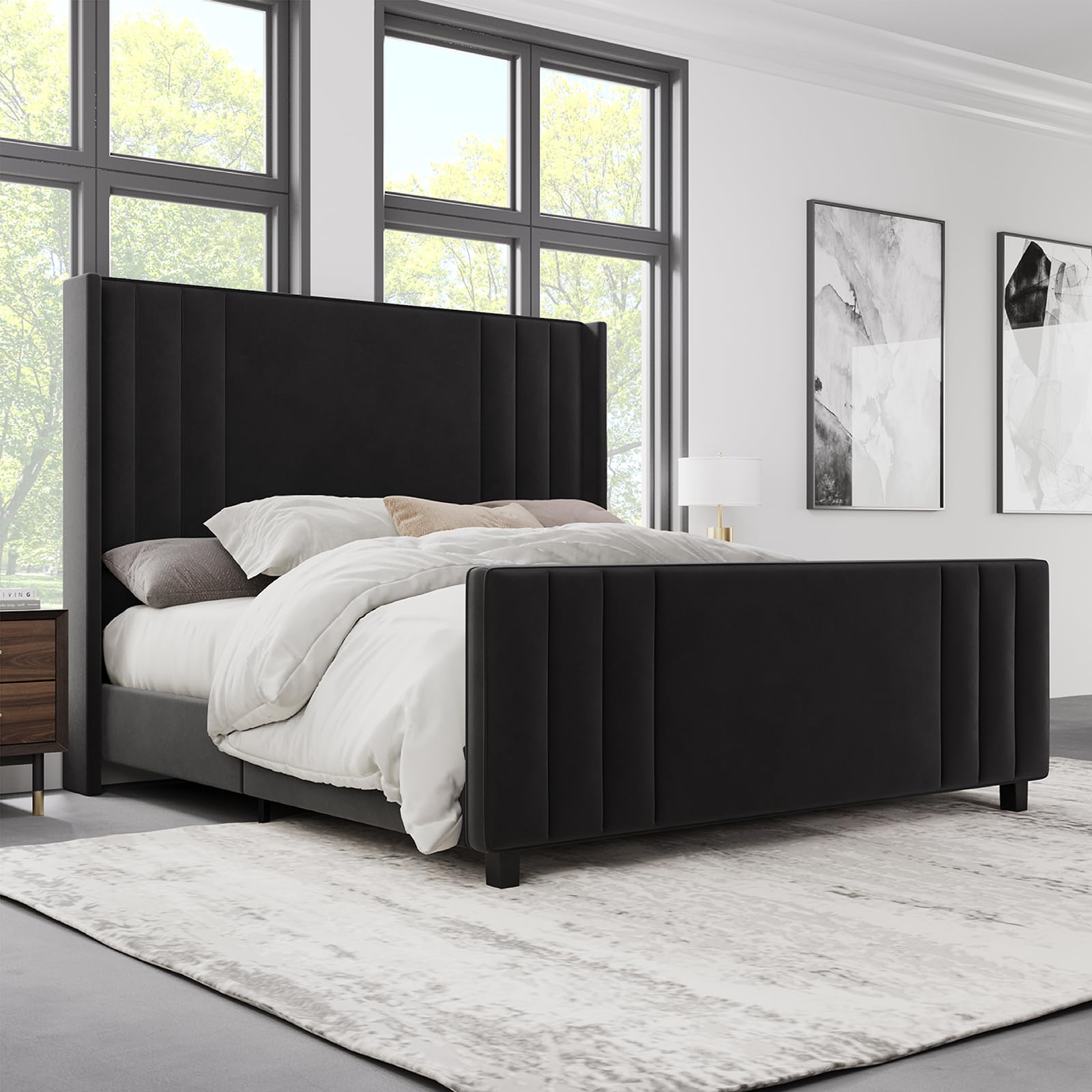Albott Queen Size Platform Bed Frame, Upholstered Bed with Vertical Channel Tufted Wingback Headboard & Footboard, Premium Velvet, No Box Spring Needed, Black