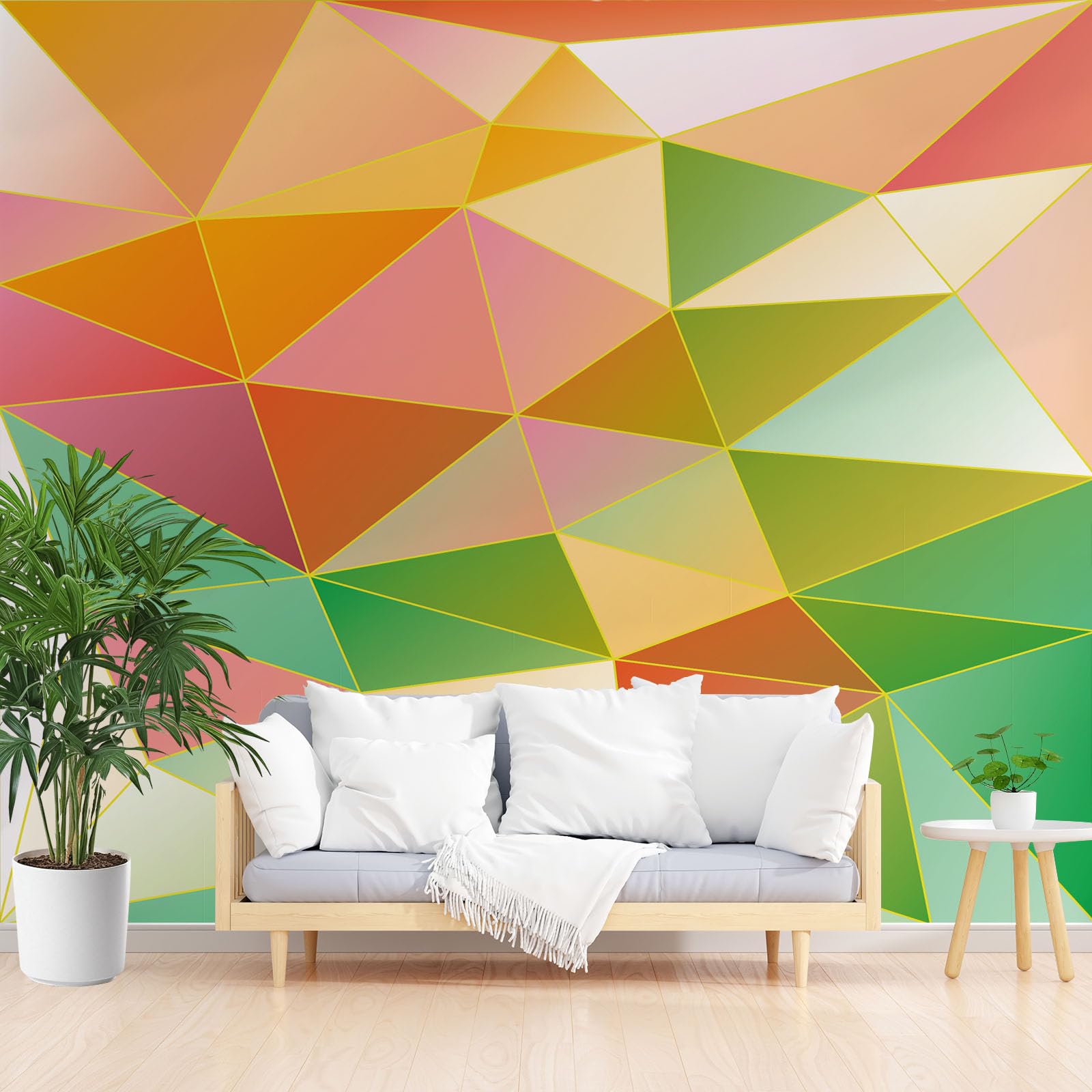 Papier peint géométrique coloré panoramique pour masquer les imperfections de la cuisine