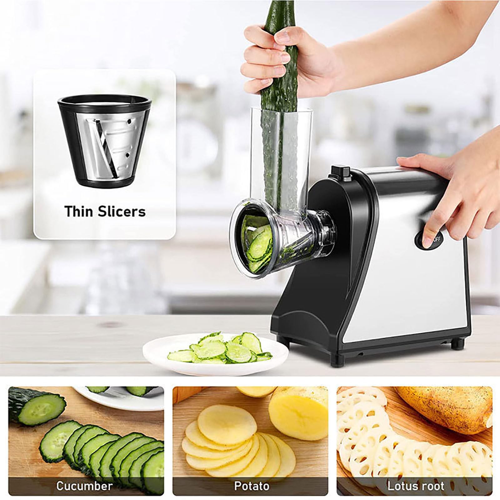 250W 5 en 1 Rallador de Queso Profesional Rallador Eléctrico de Verduras, Rallador Eléctrico de Queso, Rallador Eléctrico de Verduras, Zanahorias, Patatas, etc.