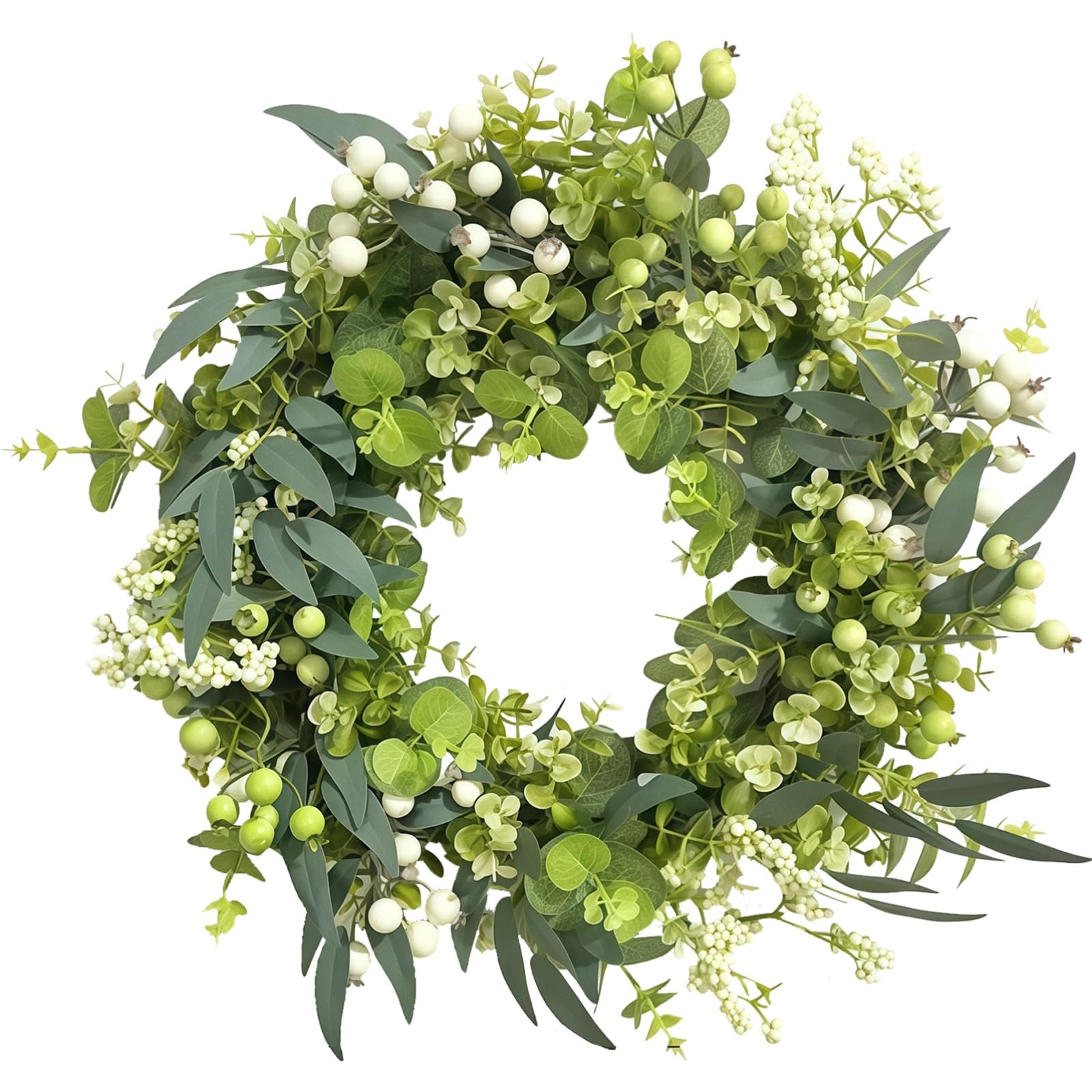Couronne de Printemps pour Porte d’entrée 45 cm, Couronne Verte en PVC, décoration Murale et pour cheminée, Usage intérieur et extérieur, Fleurs Blanches, pour Une Maison au Style saisonnier