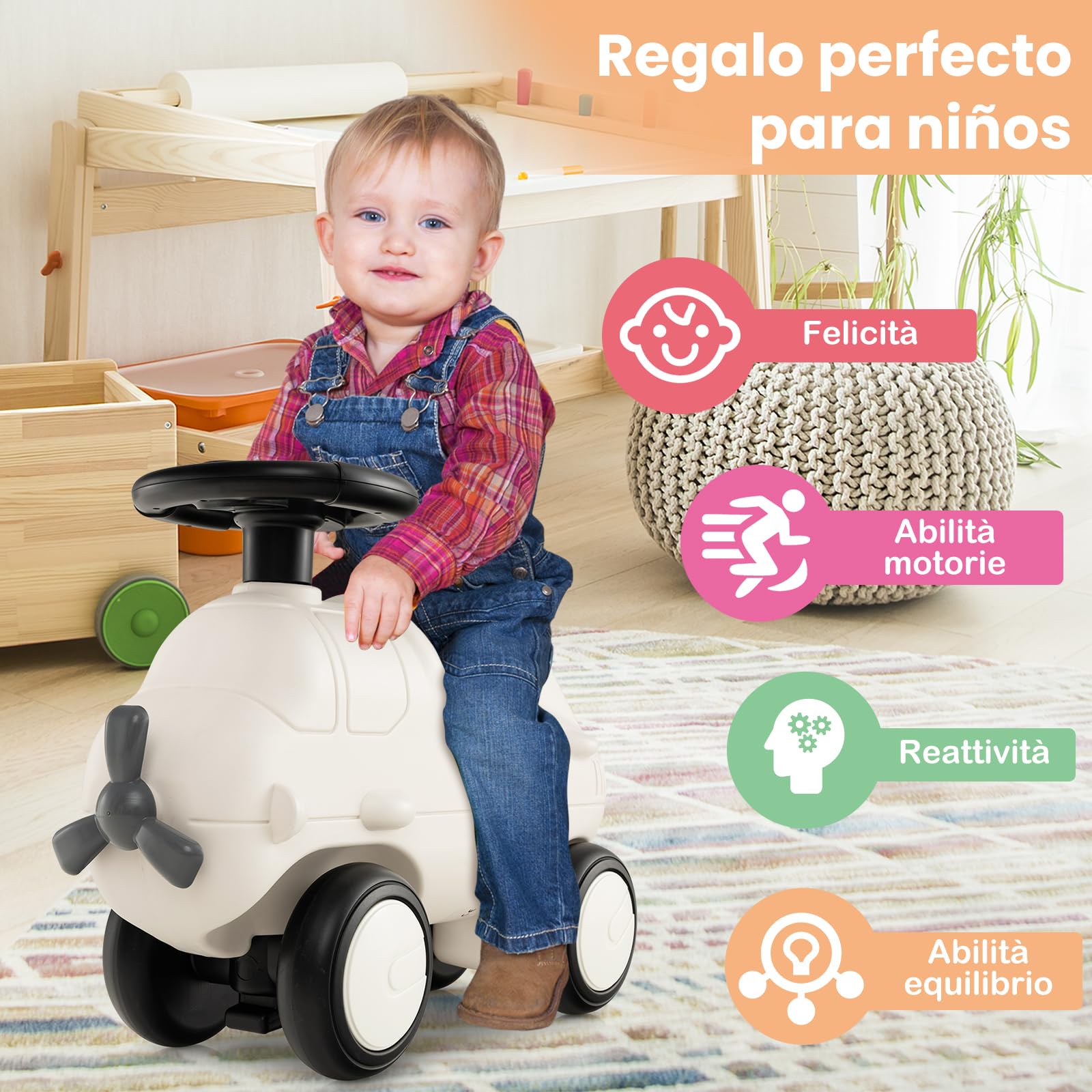 COSTWAY Macchinina Cavalcabile a Spinta per Bambini, Macchina Giocattolo a Forma di Aereo, Veicolo da Guidare con Piedi e Sterzo Flessibile e 4 Ruote, Ideale per Bambini 18-72 Mesi