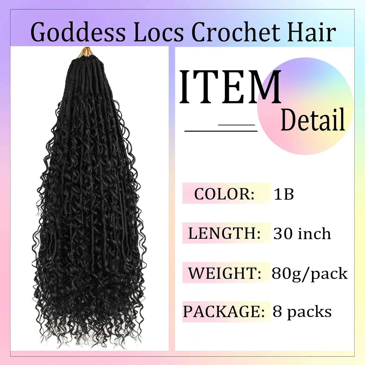 Boho Faux Locs Crochet Hair 30 Inch Goddess Locs 8 Packs Boho Soft Locs Hair with Curly Ends Pre-looped Long Bohemian River Locs Crochet Hair for Black Women(30Inch, 1B)