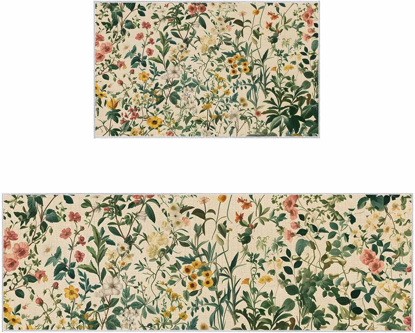 2 Pieces Kitchen Rugs and Mats,Vintage Farmhouse Wildflower on Linen Area Runner Rug Set Non Slip Floor Doormat Washable Carpet Standing Mat for Kitchen Sink Indoor Corridor,Rustic Botanical Theme