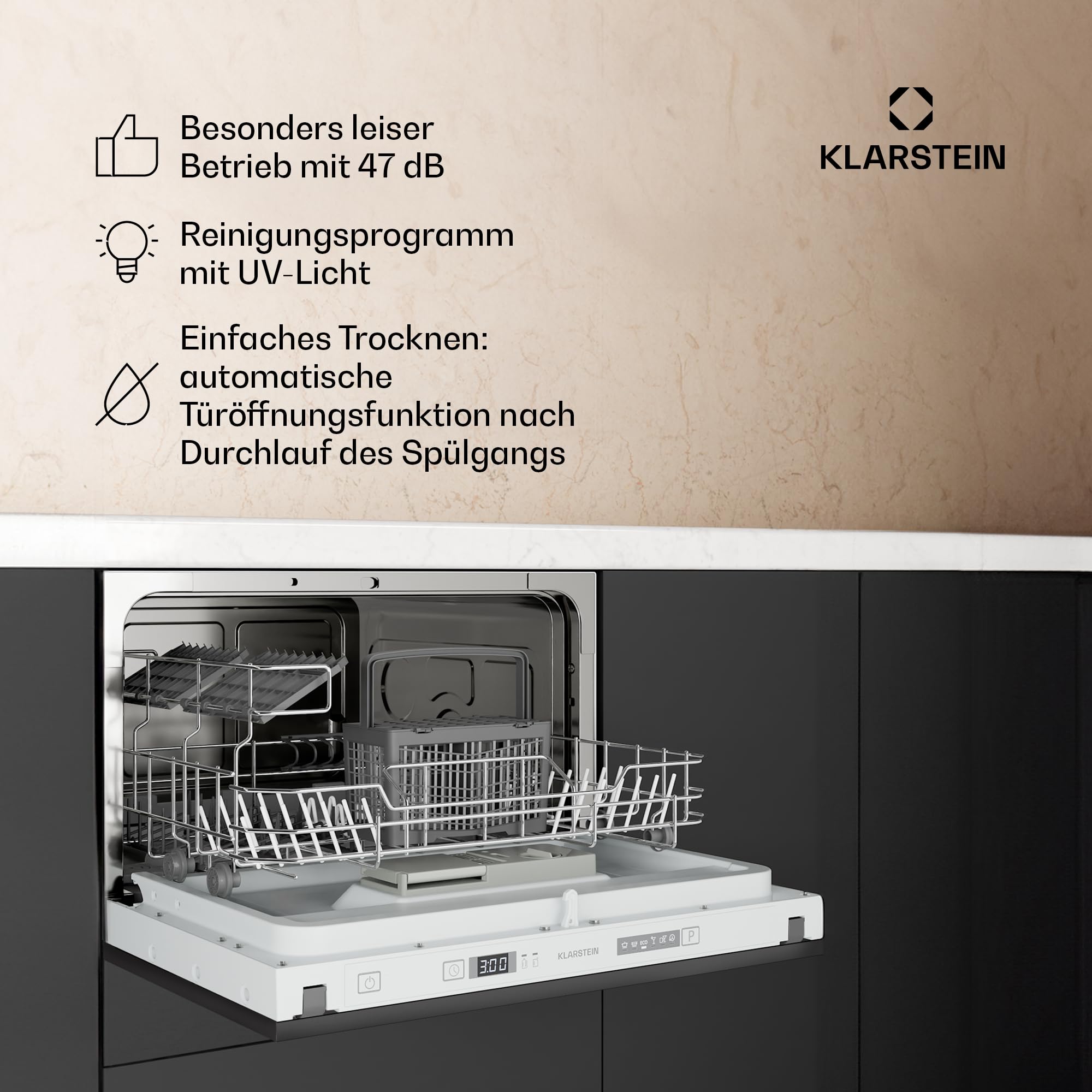 Klarstein Einbau-Geschirrspüler - Kompaktes 45-cm-Modell, 6 Gedecke, UV-Hygiene, AquaStop, Energieeffizienzklasse D, Leise 49 dB, Intuitive Bedienung