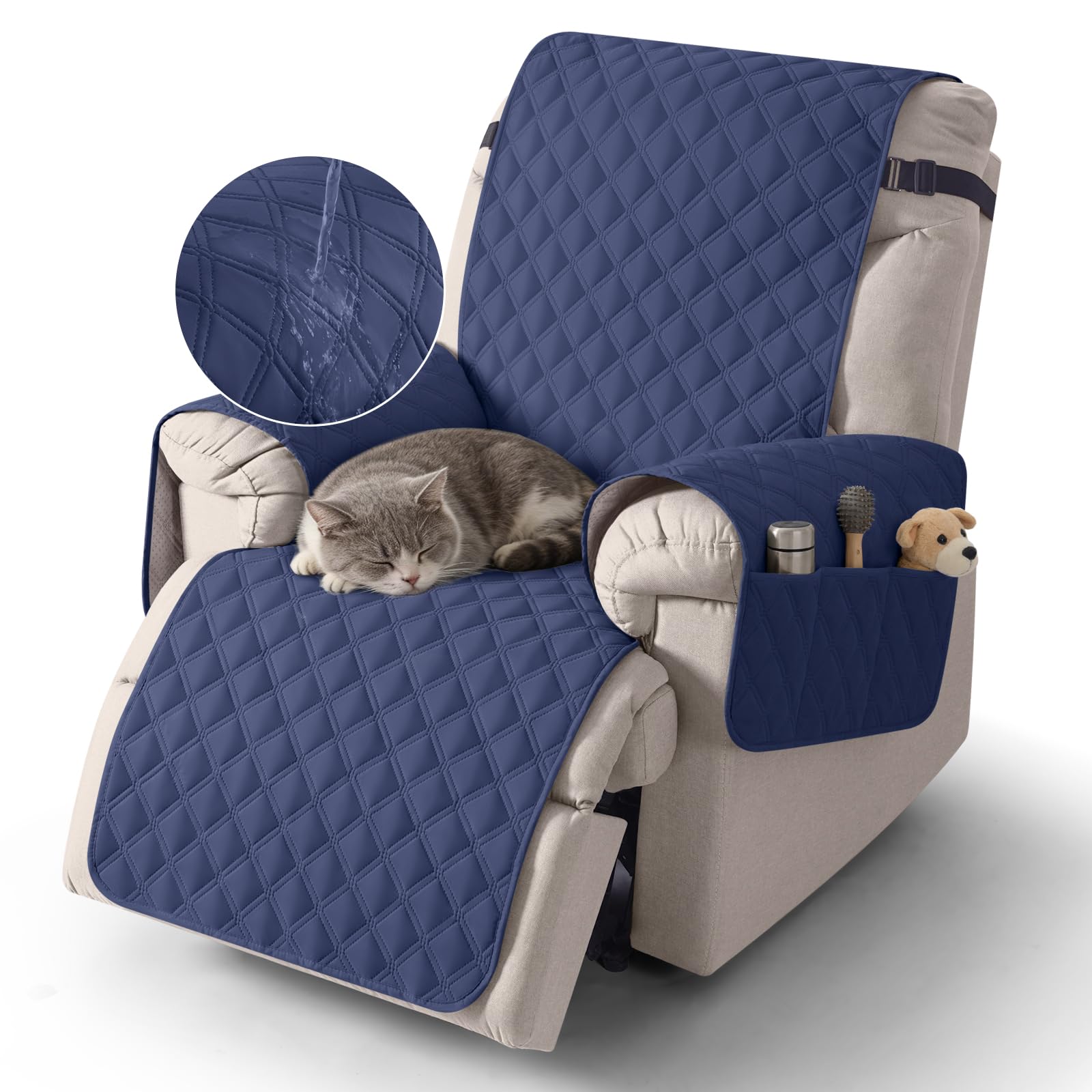 TAOCOCO Recliner Slipcovers,1 Seater Recliner Protector,Waterproof Recliner Covers,Armchair Covers with Pockets,Non Slip Reclining Sofa Covers Arm Chair Covers for Pets/Dogs/Kids(Sea Blue)