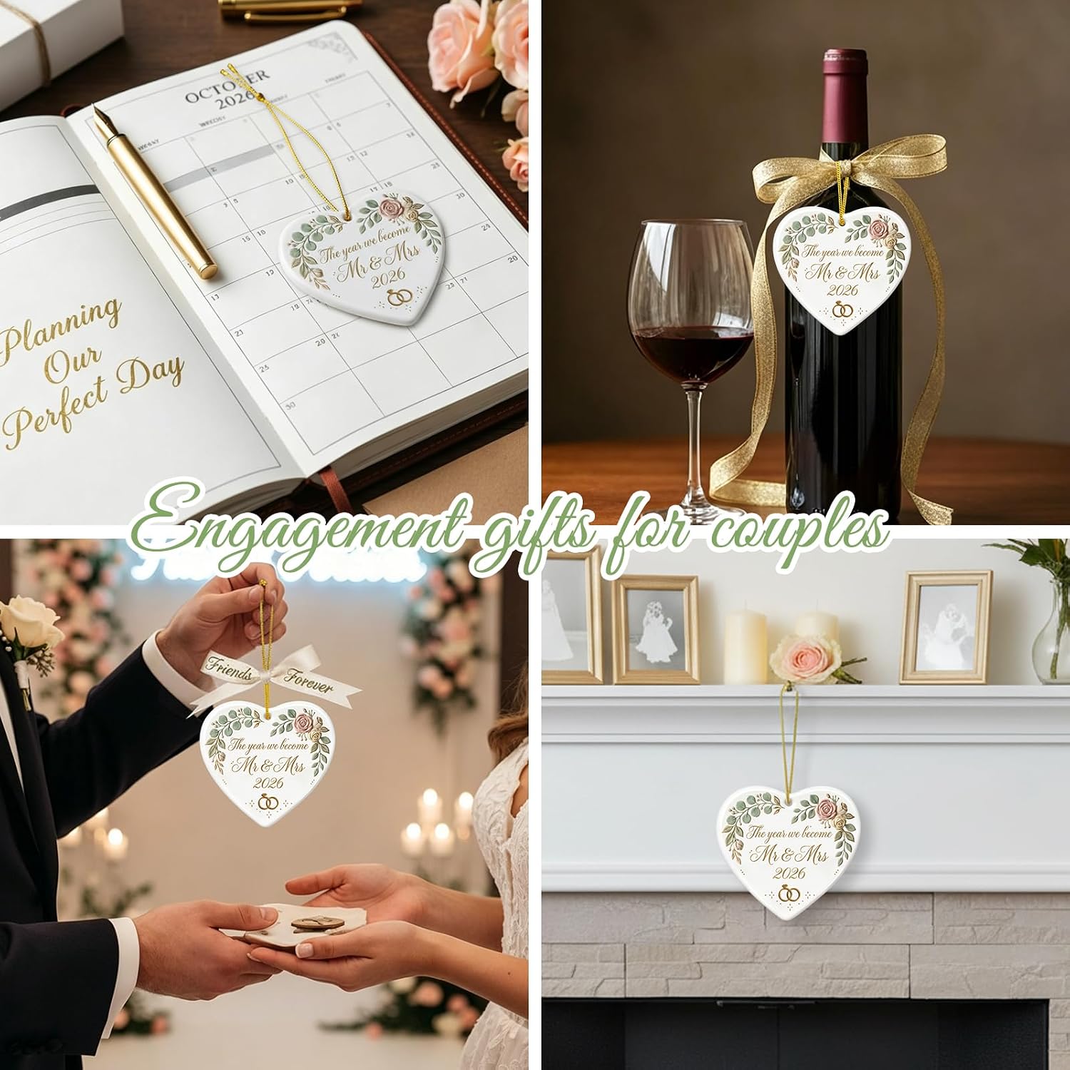 WhatSign Mr and Mrs 2026 Wedding Ornament - Heart Shaped Ceramic Keepsake The Year We Become Mr & Mrs, 2026 Wedding Gifts for Couples, Bridal Shower Engagement Gift, Decorative Hanging Charm