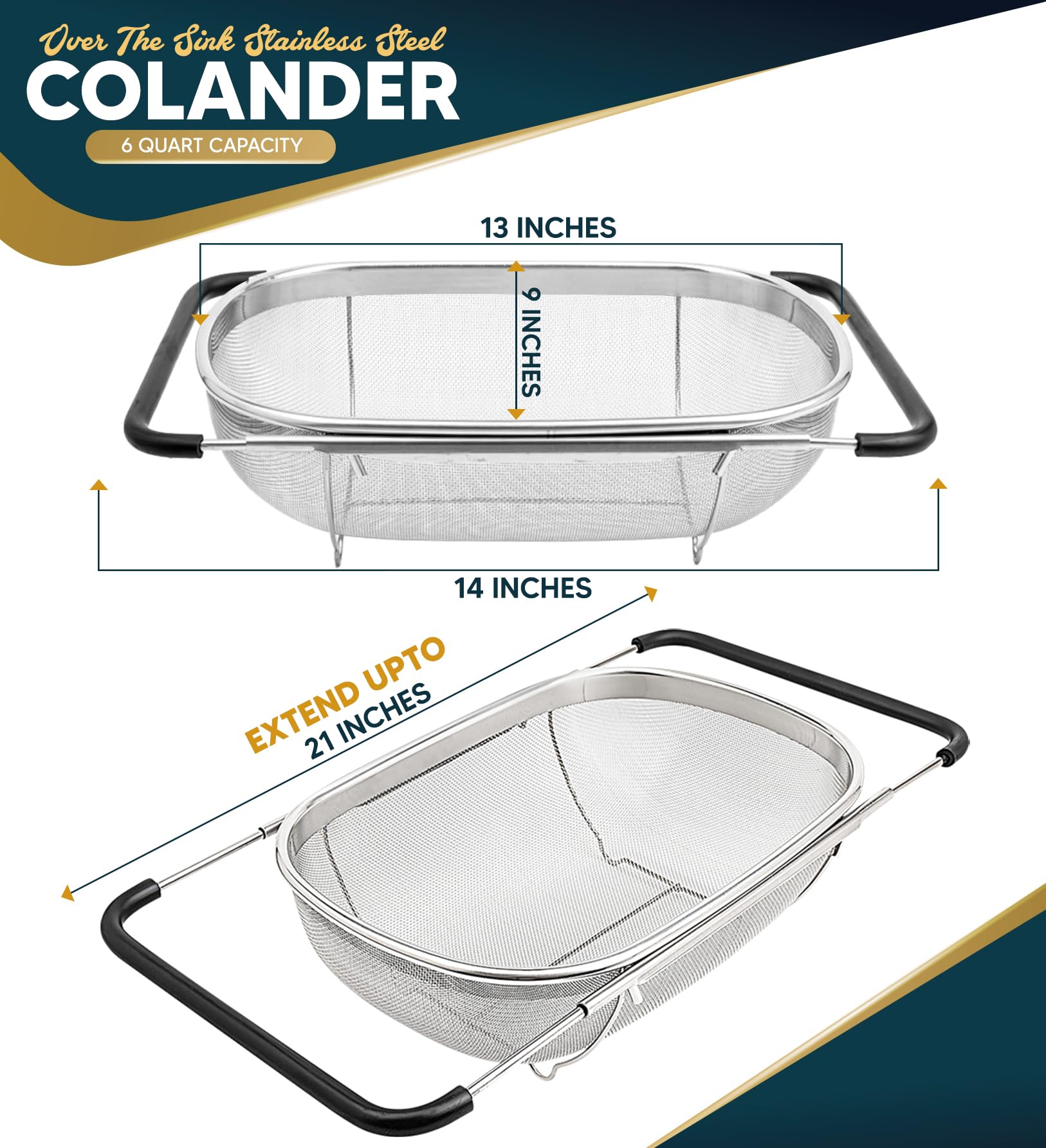 Kafoor Over the Sink Colander for Kitchen - 6 Quart Over the Sink Strainer Basket with Extendable Ergonomic Handles and Resting Feet - Multipurpose Fine Mesh Strainer for Kitchen
