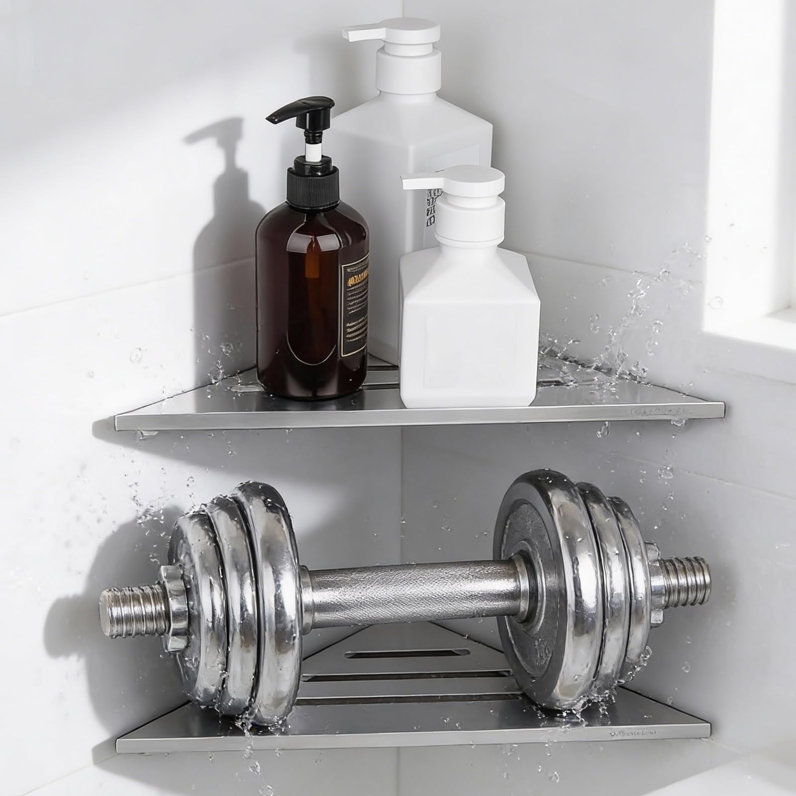 Mensola angolare per doccia ad angolo, 2 ripiani da bagno, 30 x 19,5 cm, ispessito, acciaio inox
