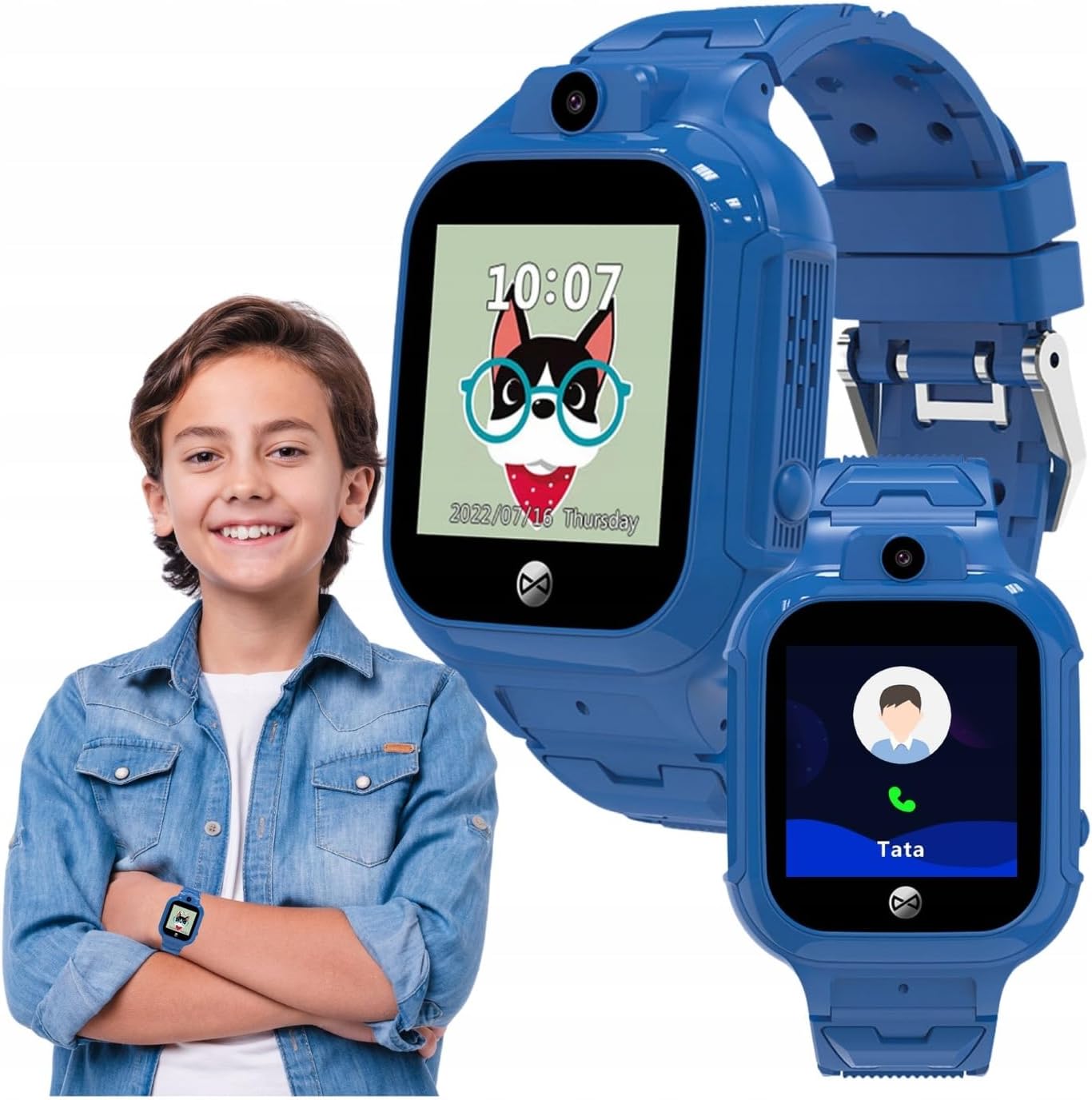 A child wearing the blue FOREVER Smart Watch, with an enlarged view of the watch showing a call screen.