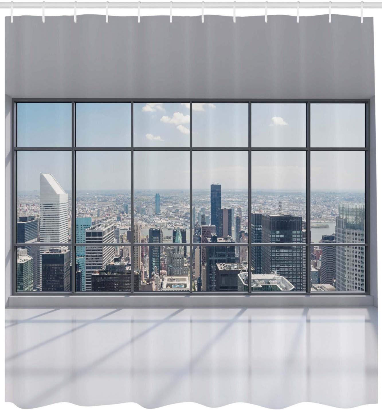 Ambesonne City Shower Curtain, Clean Office with Big Window Downtown Skyscraper Buildings Domestic Cityscape Art, Cloth Fabric Bathroom Decor Set with Hooks, 69" W x 70" L, Grey White
