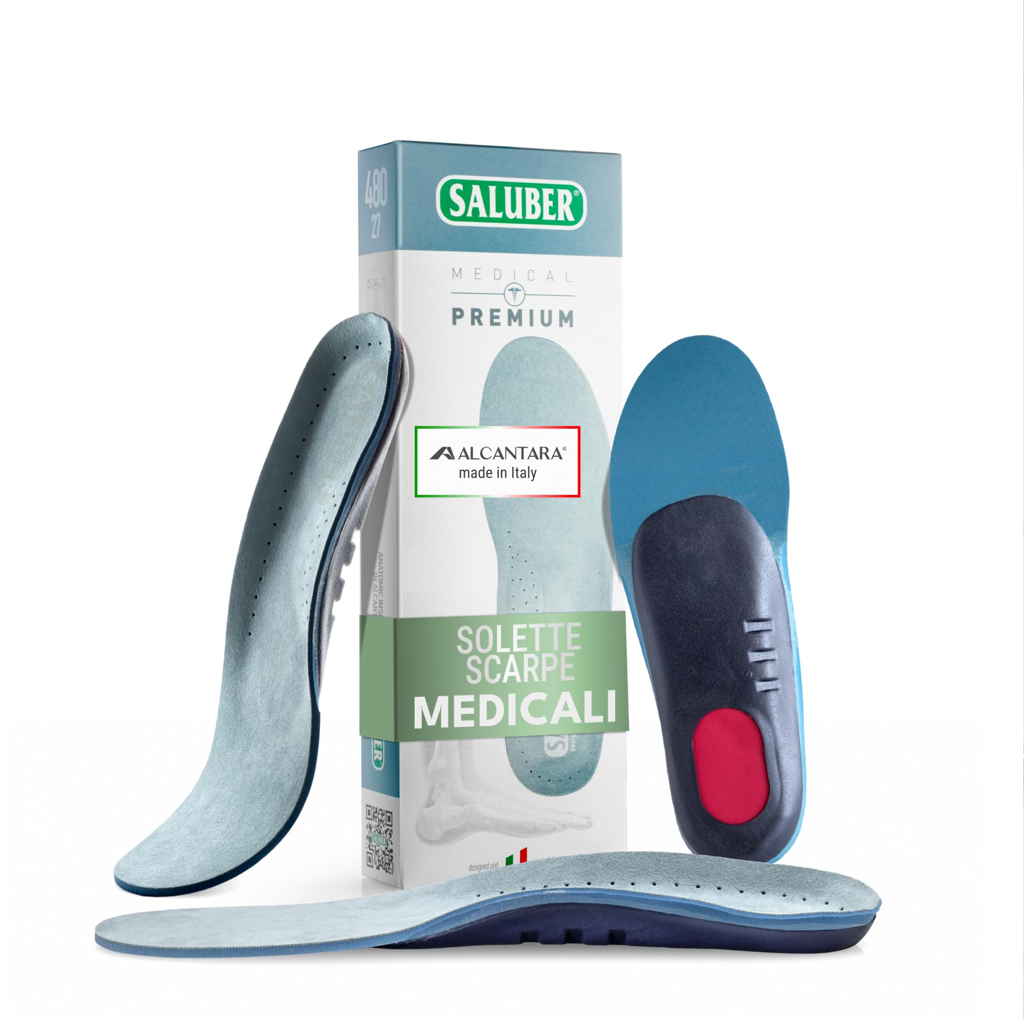 Saluber Plantari Ortopedici Medical 480.27 – Solette per Fascite Plantare, Tallonite, Metatarsalgia, Sperone Calcaneare e Piede Piatto – 2x Strato Poron e Alcantara – Made in Italy – Uomo e Donna (39)