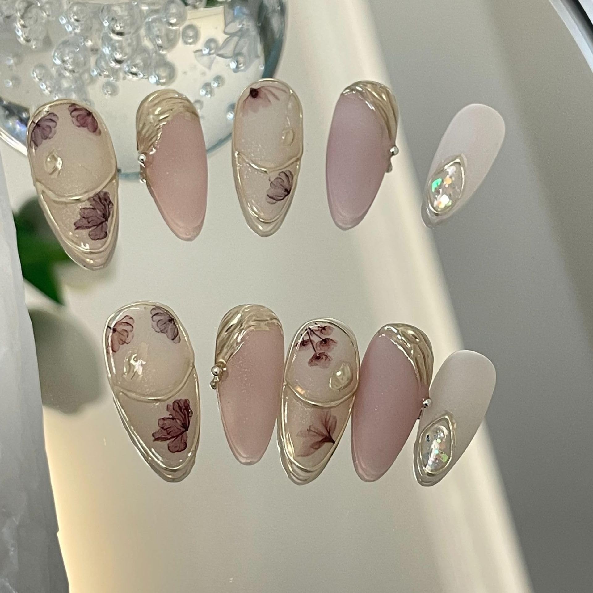 JIEADJIE Handmade Press On Nails Almond Pink Matte Design By Nail Technician, Handmade Painted Nail Art, Reusable Stick On Nails in S,M,L 3Sizes (