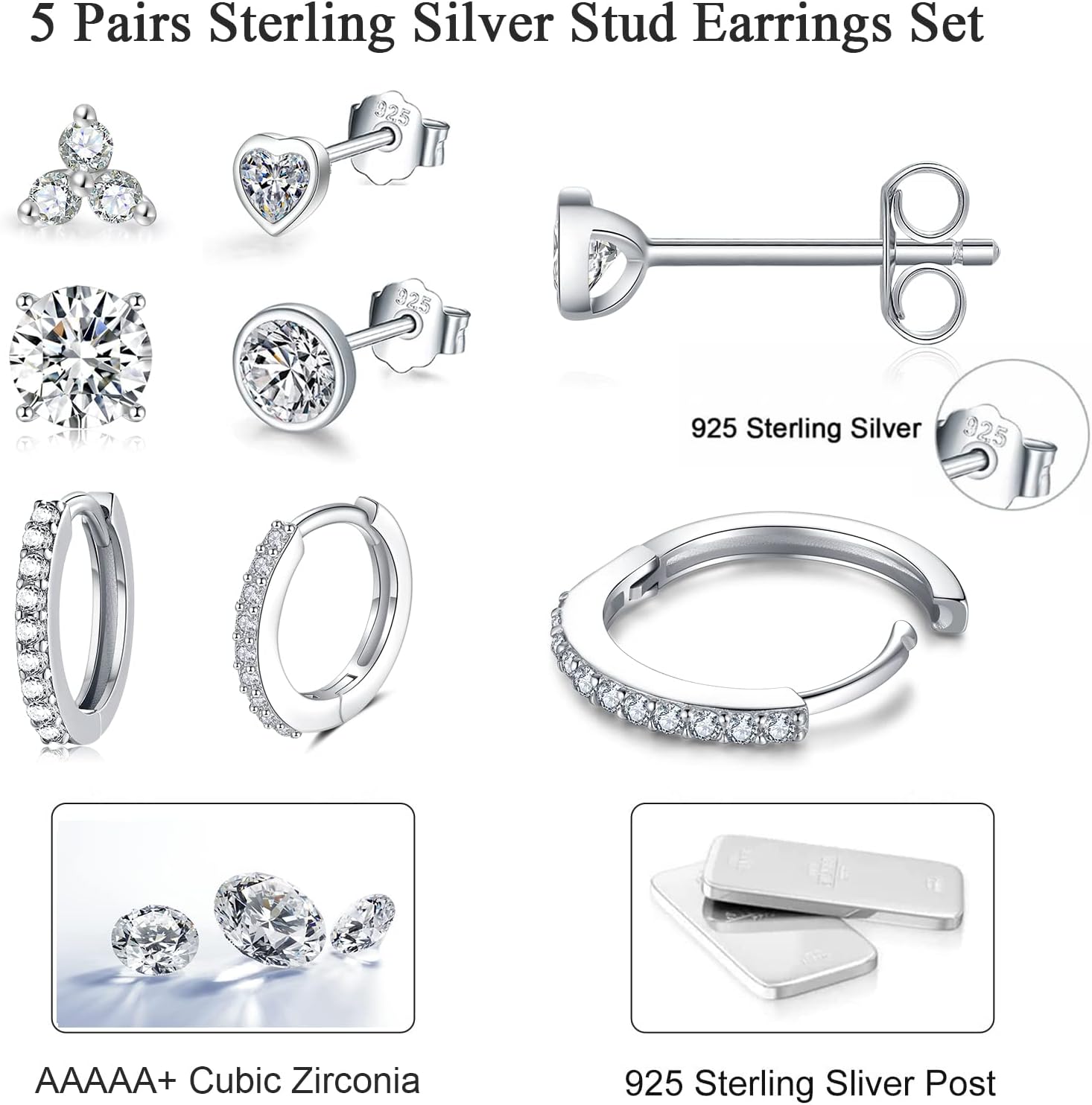 EPIRORA 925 Sterling Silver Studs Earrings Set for Women Men, Hypoallergenic Cubic Zirconia Stud Cartilage Helix Earrings, 5 Pairs Different Sizes Silver Hoop Earring Studs Sets for Multiple Piercing - Image 5