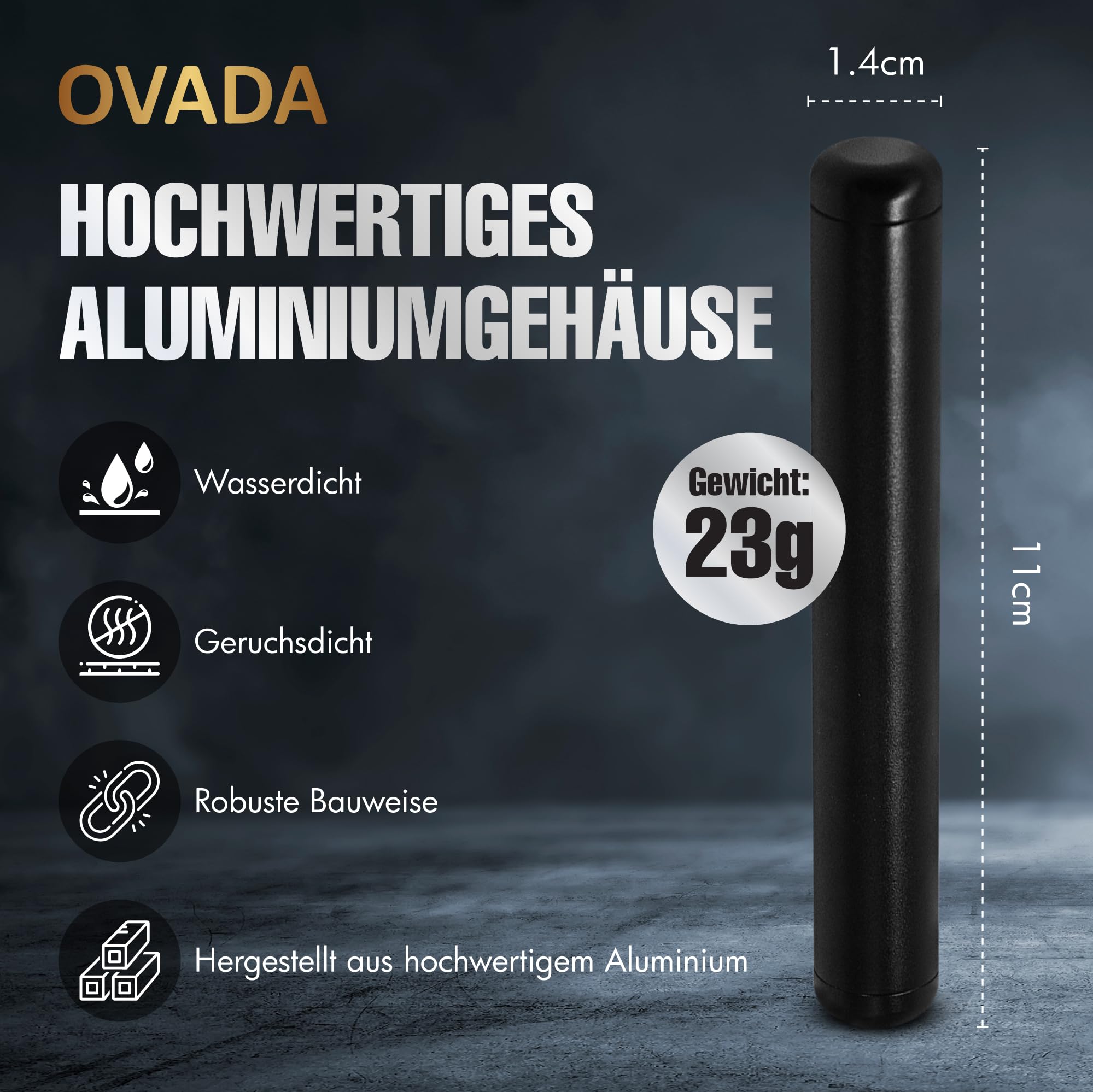 OVADA Joint etui ochronne na cygara, 11 cm, bezzapachowe, wodoszczelne, metalowe, wysokiej jakości, z dużą tubą, czyste wzornictwo, czarne, 11 cm, Klasyczny