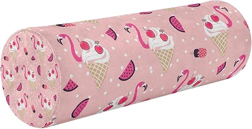 Almohada y funda de helado de flamenco para yoga, almohada redonda para sofá, almohada redonda para soporte de cuello, almohada cilíndrica decorativa