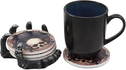 Miniatura 6 de Ebros Gothic Alchemy Clutch of the Dead - Juego de posavasos de resina con 4 posavasos de calavera, cuervo, azulejos, protector de muebles, osario,