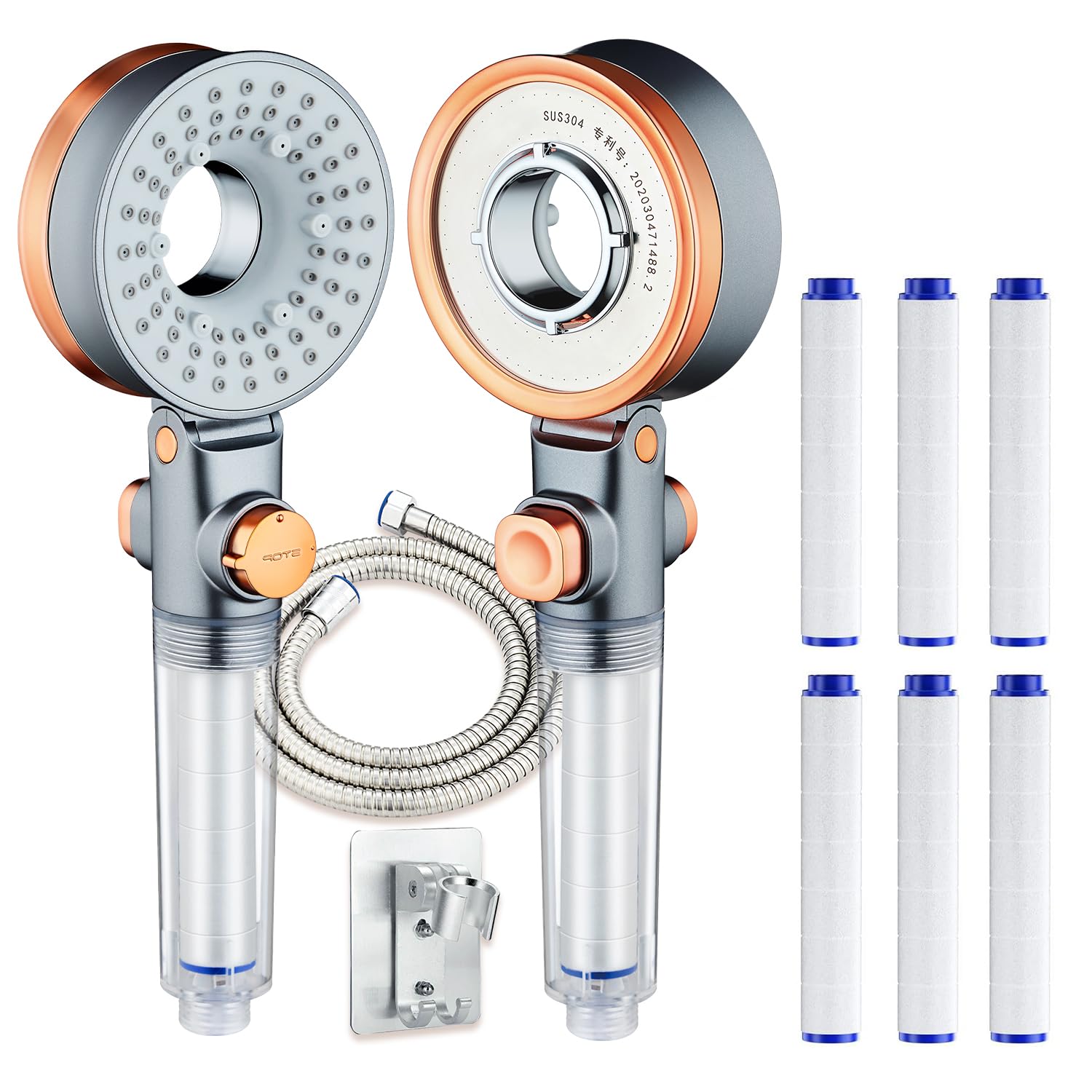 AD VISION Shower head Double-sided shower head, filter, 3-speed water output, SGS certified Water saving [boosting & dechlorination] (Rose Gold[shower head + 3 filters + 2m water pipe + pendant])