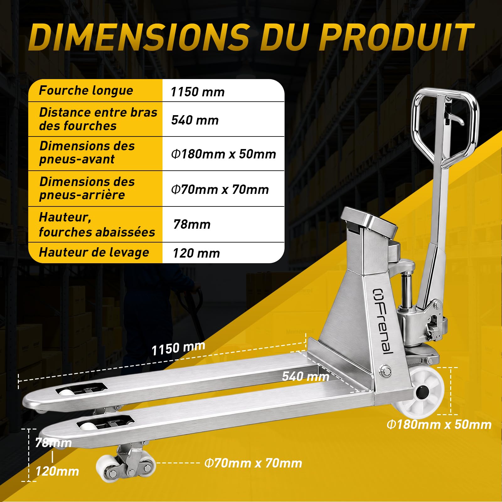 Transpalette peseur Manuel INOX 2500 kg, fourches 1150 mm WH-25SS