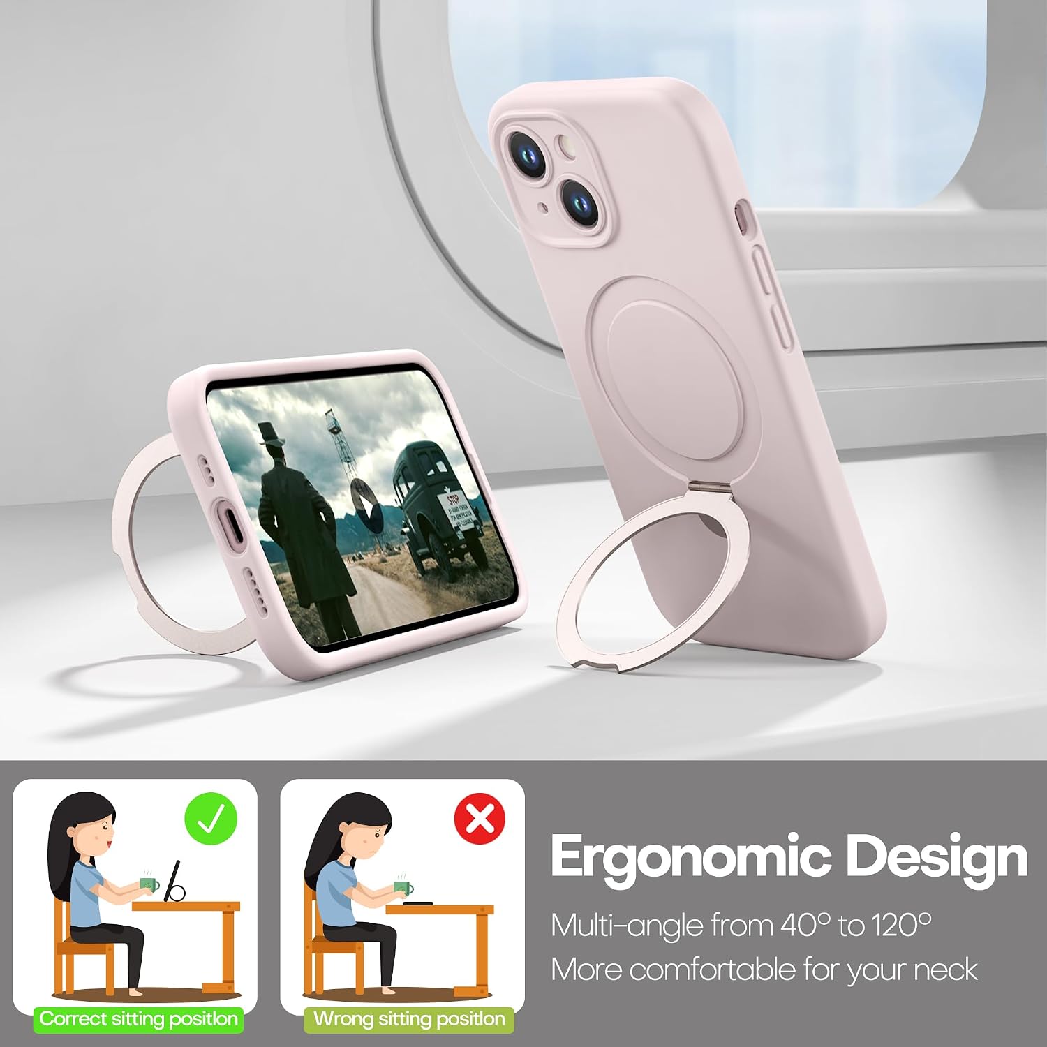 CellEver Strong Magnetic Case for iPhone 15 [for MagSafe Charging] [Camera Protection] Heavy-Duty Protection, Soft Grip Silicone Cover with Kickstand, Chalk Pink