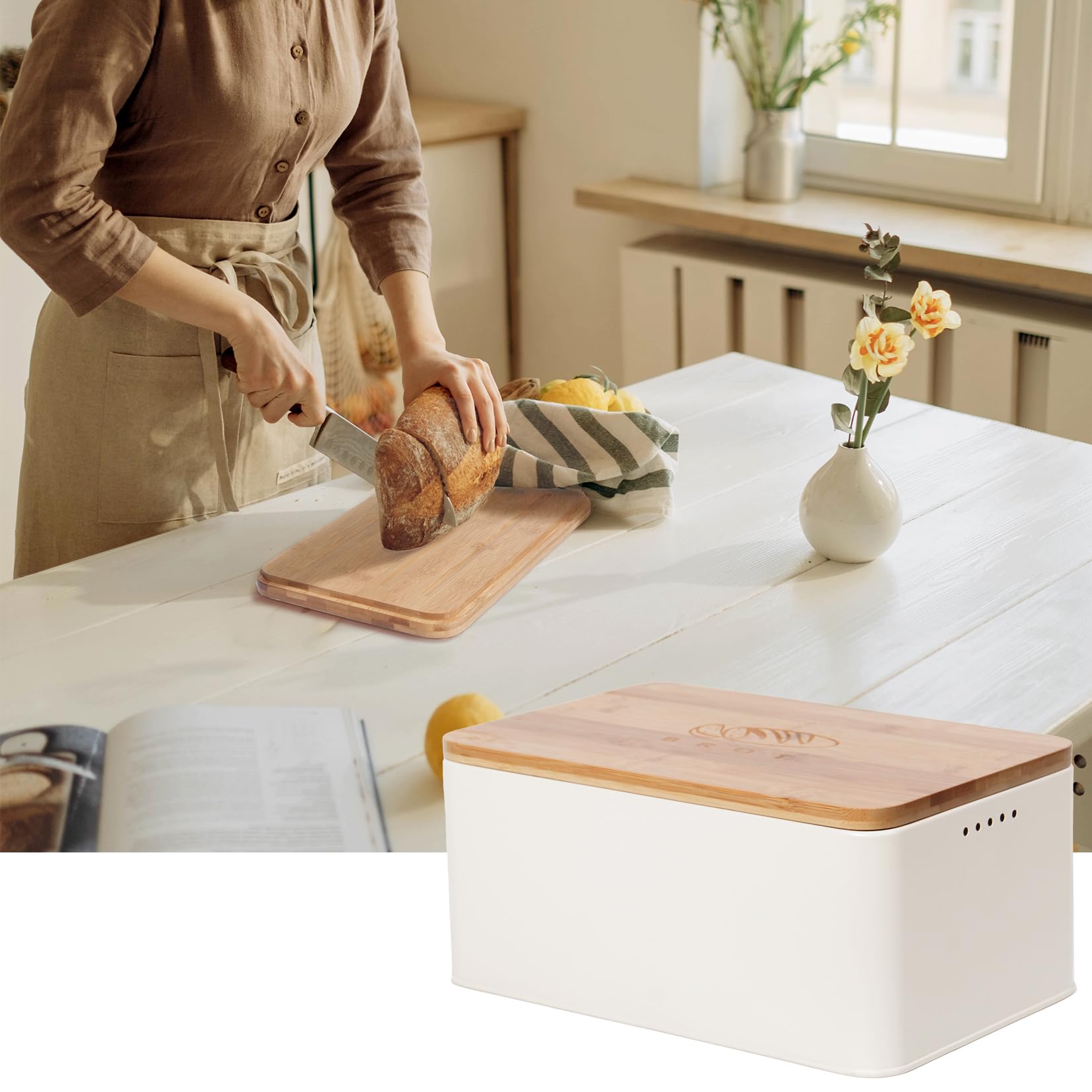 Theo&Cleo Brotkasten mit Schneidebrett , 33x21x15cm , Matte Brotbox mit Bambusdeckel und Leinen Brotbeutel , Rundum Belüftung , Brotkorb für langanhaltende Frische (Beige)
