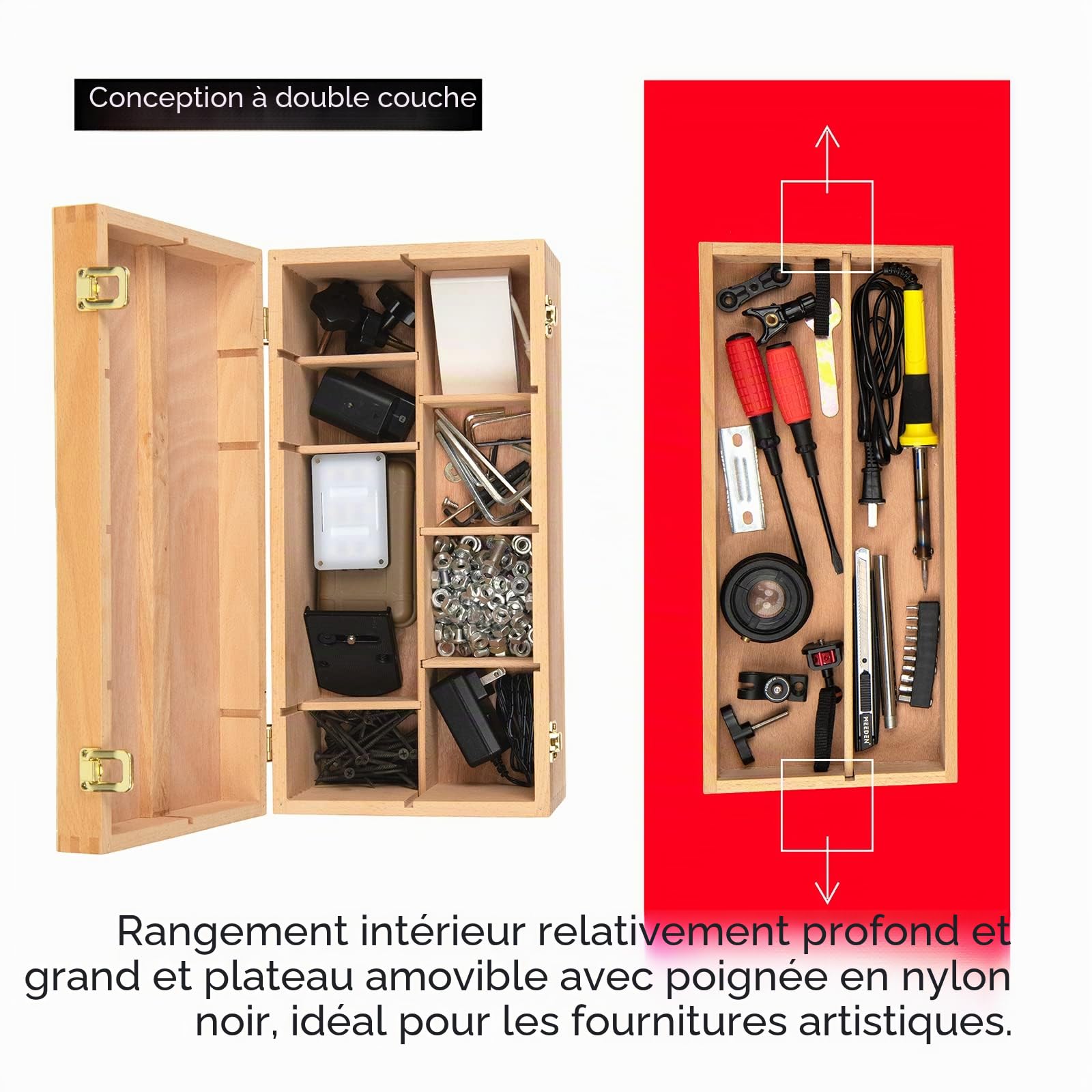 MEEDEN Grande boîte de rangement pour fournitures artistiques – Boîte à outils multifonction en bois de hêtre massif avec tiroir(s) pour pinceau, crayon, pastel, et autres fournitures artistiques,