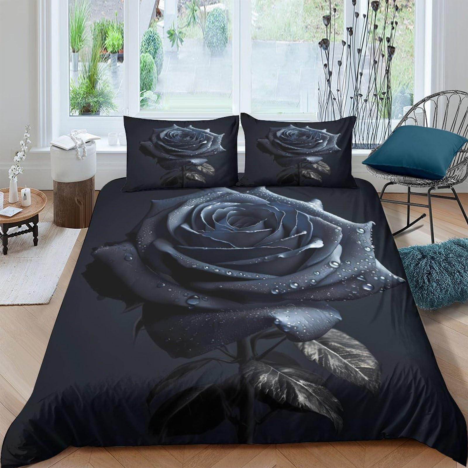 Ctjqhvkz Style-4 3D Printed Black Rose Fitted Sheet Microfiber Soft Decorative Waterdrop Mattress Cover For Bedroom Guest Room Home Single（135X200cm）