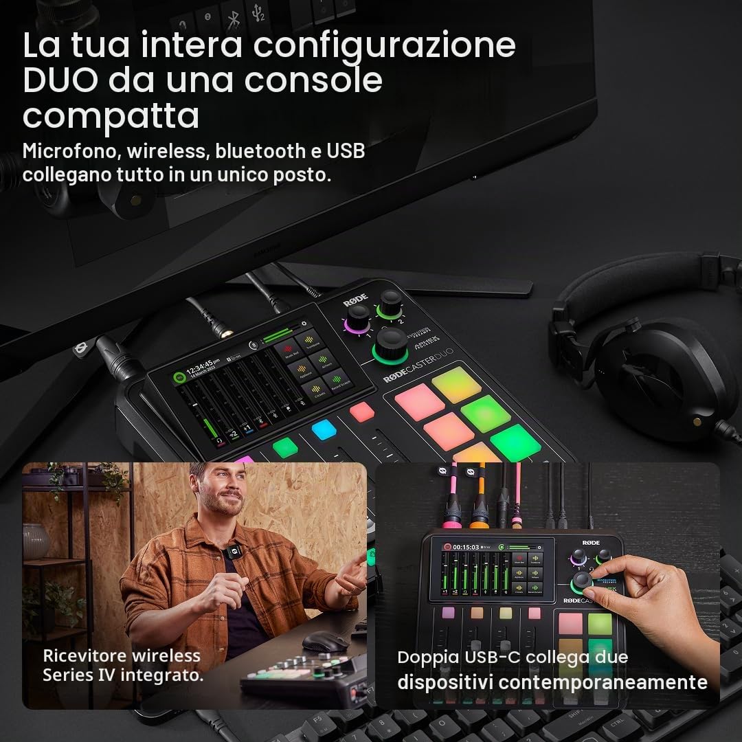 RØDE RØDECaster Duo Soluzione di produzione audio compatta all-in-one RØDE RØDECaster Duo per i podcast, lo streaming, la produzione musicale e la creazione di contenuti