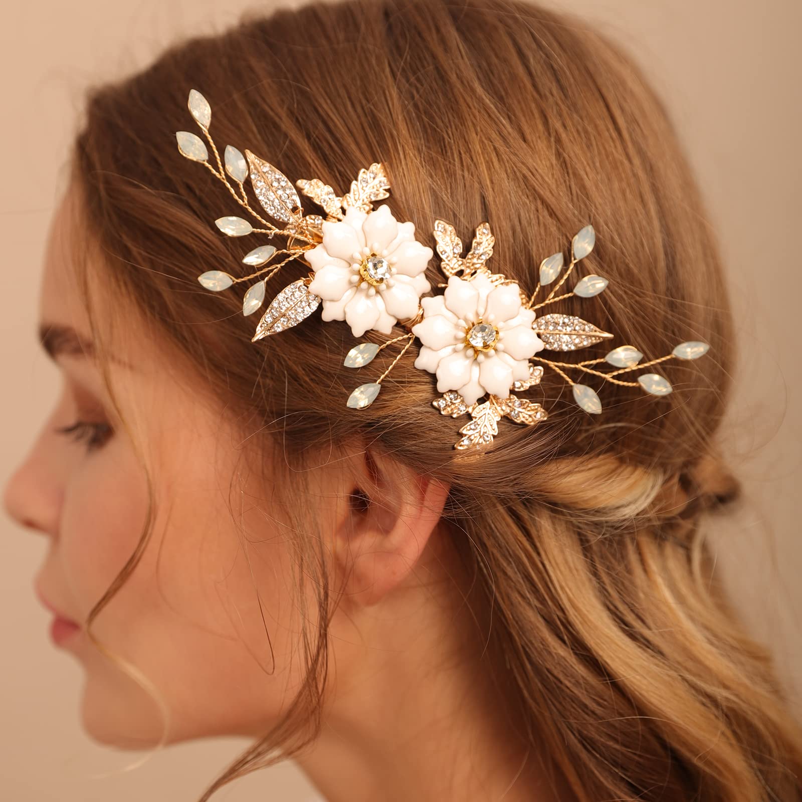 BERYUAN White Flower Gold Leaf Hair Clip Floral Ivory Rhinestone Wedding Hair Accessory for Women girls Gold Wedding Hair Clips（GOLD）