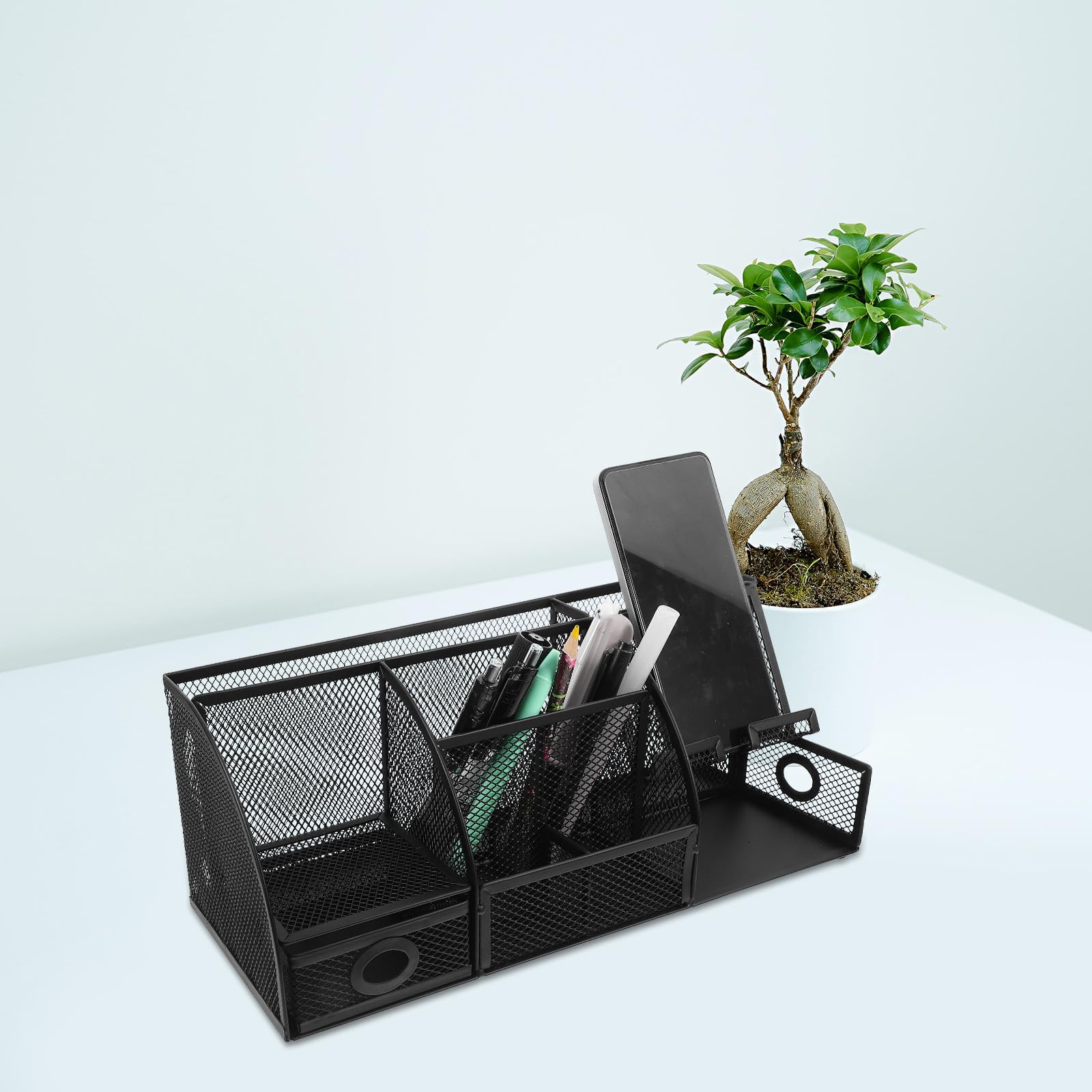 Organizer da Scrivania in Metallo Resistente Custodia Porta Cancelleria e Base Antiscivolo, Contenitore per Ufficio e Spazio Studio Domestico