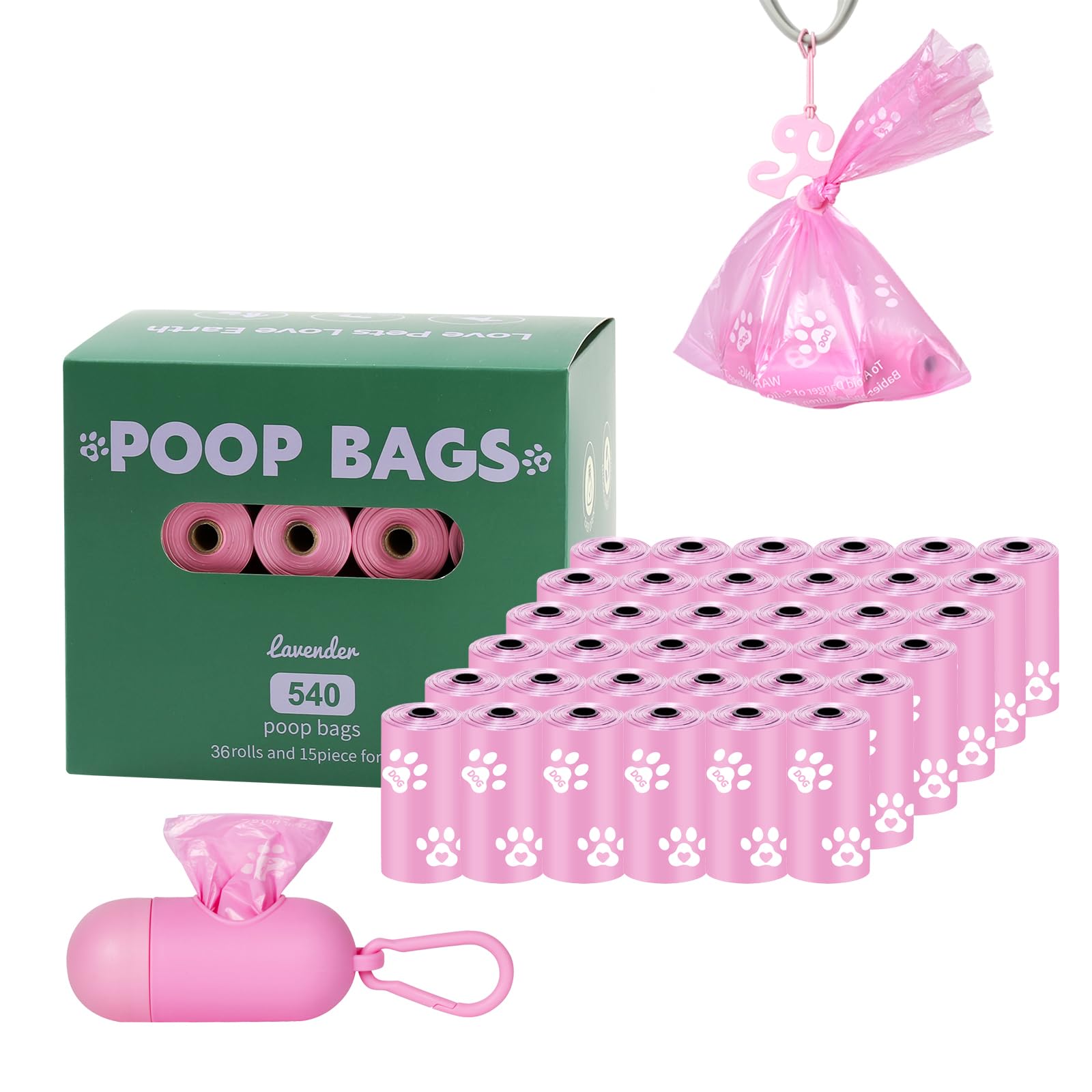HZDHCLH Dog Poo Bags 540 Count Xtra Thick Strong Leak Proof Pet Poop Bags with Dispenser and Hook Lavender Scented(pink,540 Count)