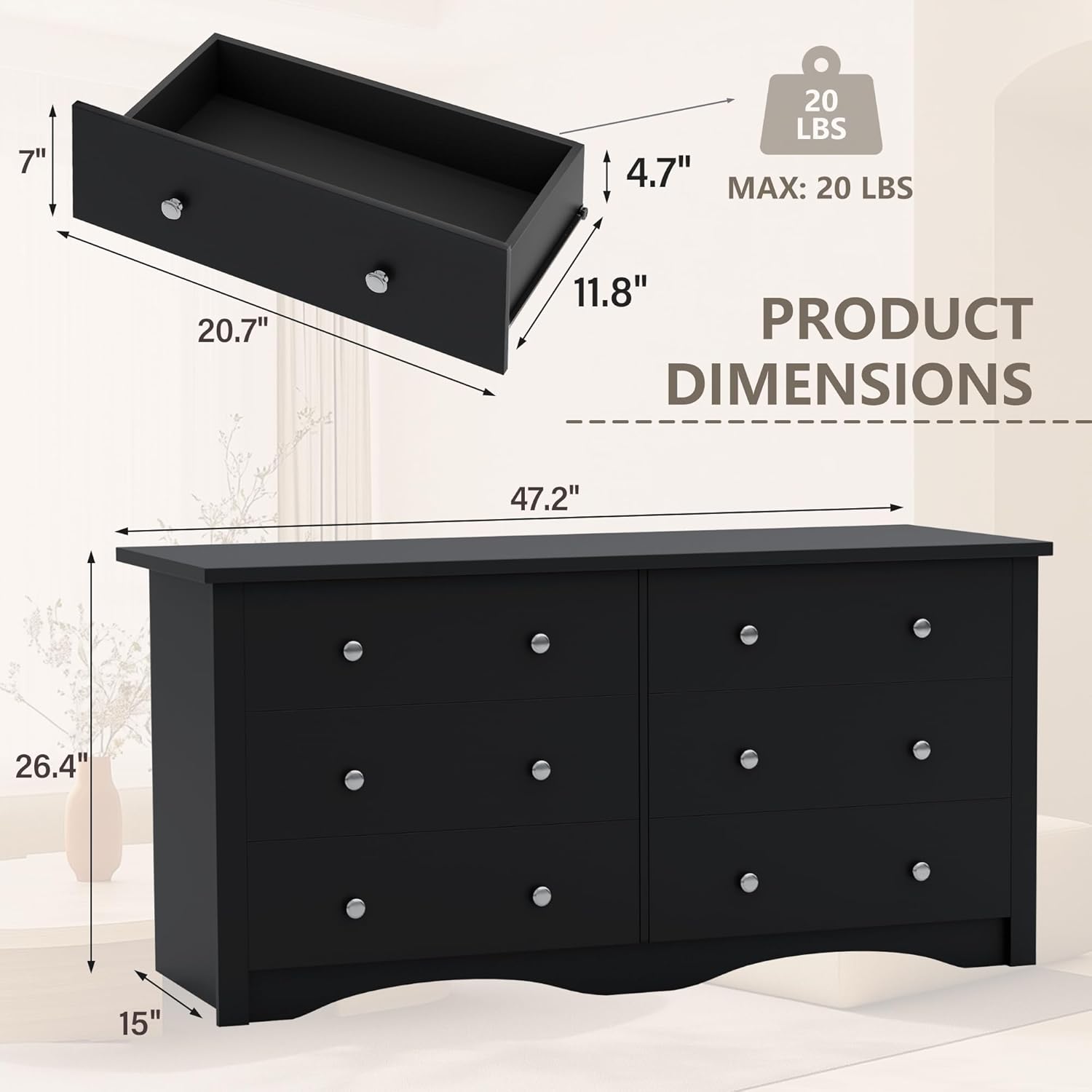 YESHOMY Black Dresser for Bedroom,6 Drawer Dressers, Storage Chest of Drawers for Hallway,Living Room, Entryway